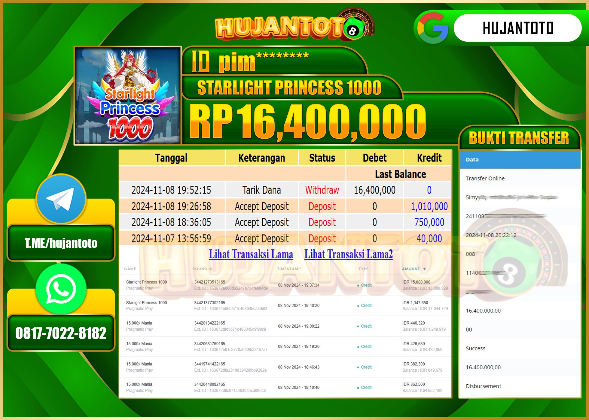 HUJANTOTO MENANG DI PERMAINAN  DI RAIH SLOT STARLIGHT PRINCESS 1000 - 16,400,000  - LUNAS