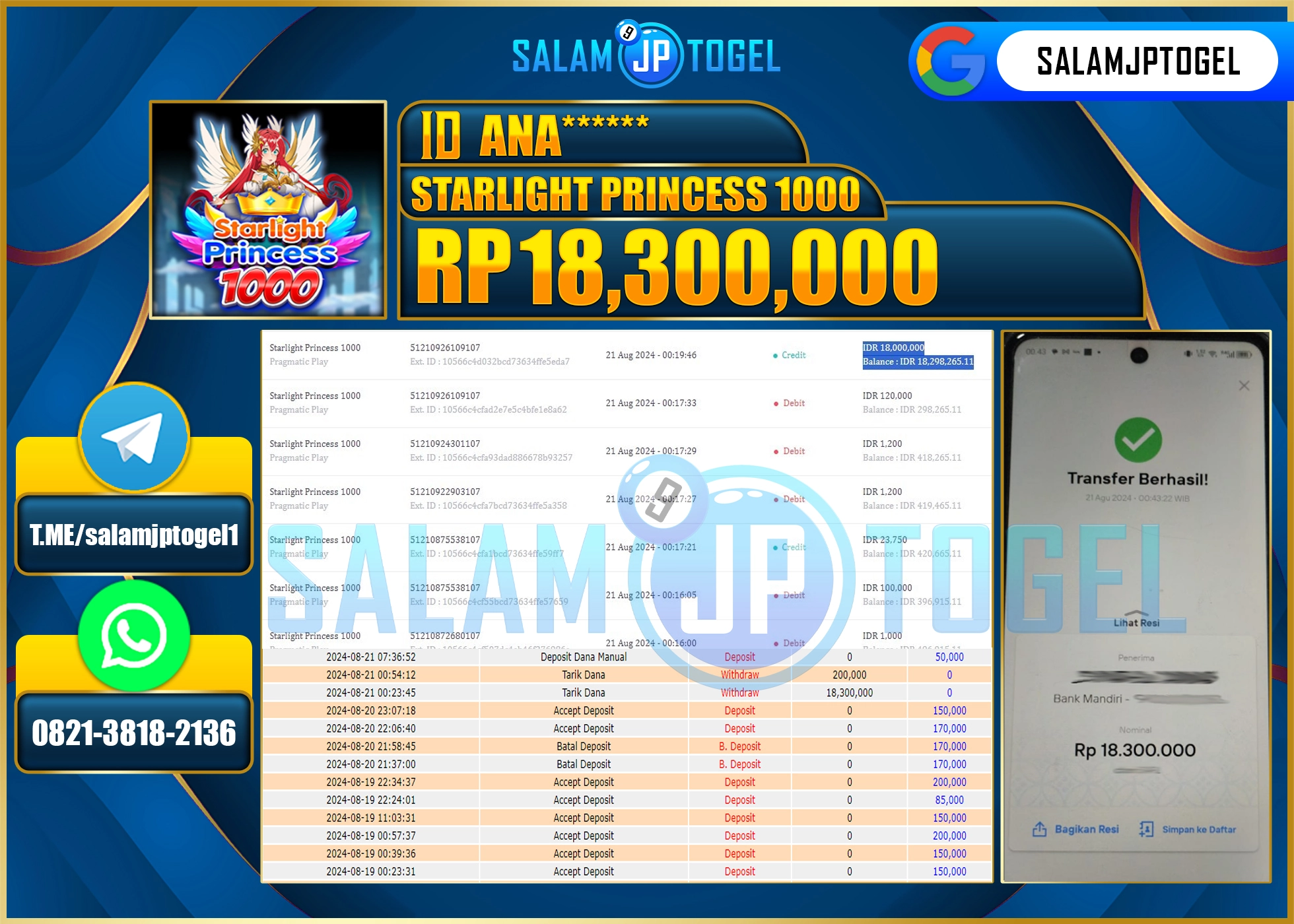 SALAMJPTOGEL MENANG Starlight Princess 1000 RP. 18,300,000 LUNAS
