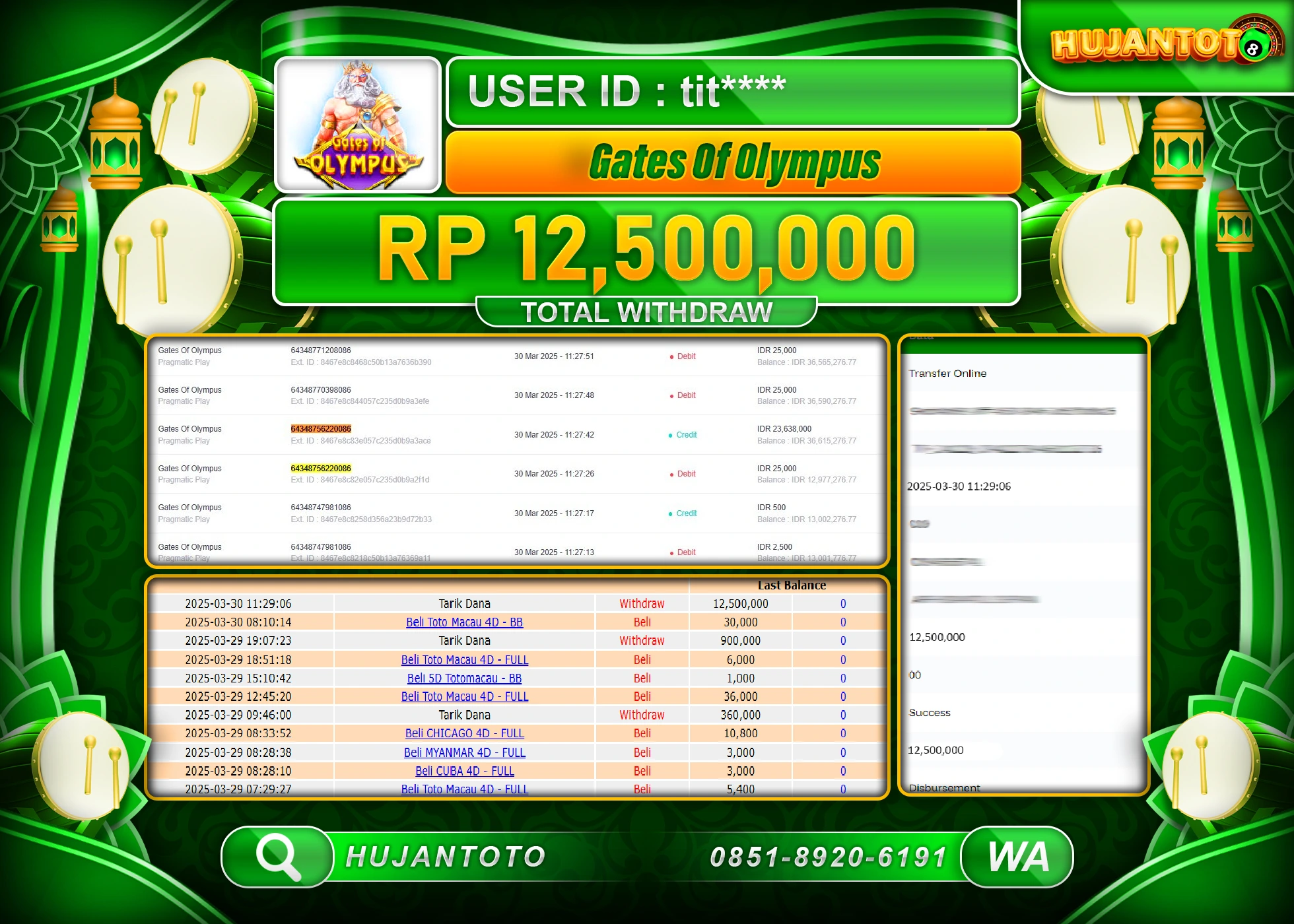 HUJANTOTO - BUKTI JACKPOT MENANG SLOT GATES OF OLYMPUS Rp,12,500,000  - TERBAYAR LUNAS
