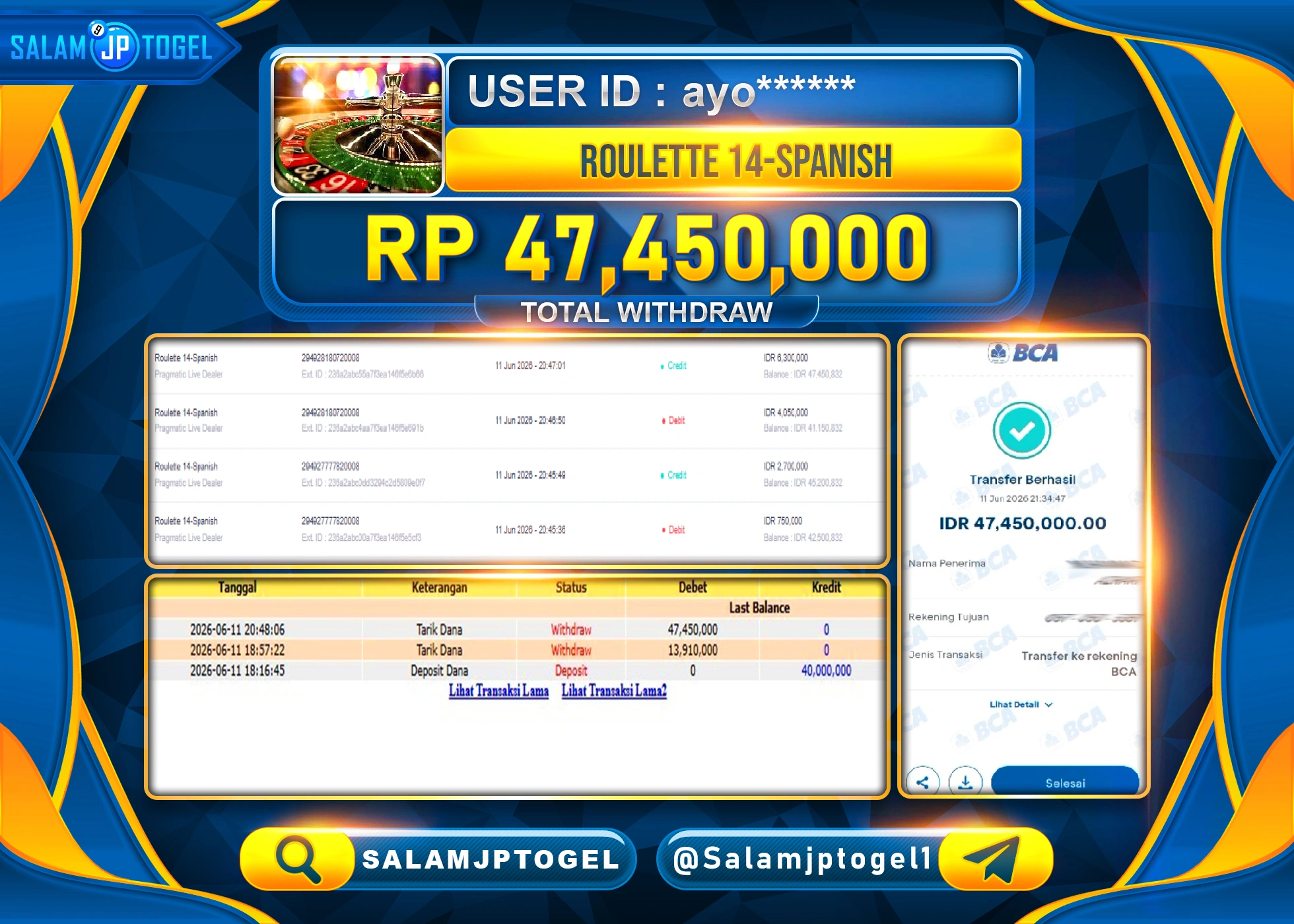 SALAMJPTOGEL JACKPOT MENANG LIVEGAMES ROULETTE 14-SPANISH Rp.47,450,000 - LUNAS