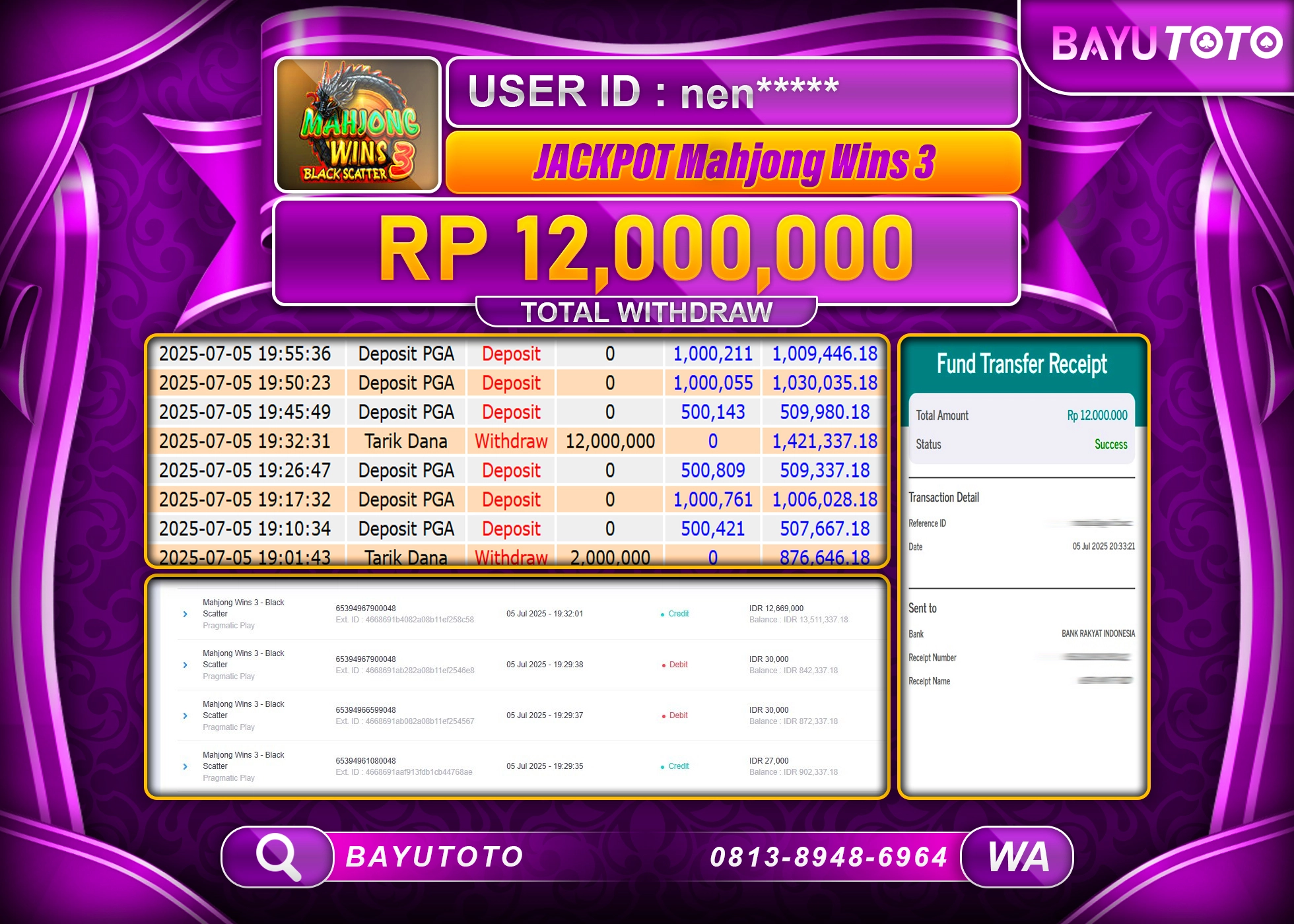 BAYUTOTO JACKPOT DI SLOT Mahjong Black Scater  Rp.12,000,000 LUNAS