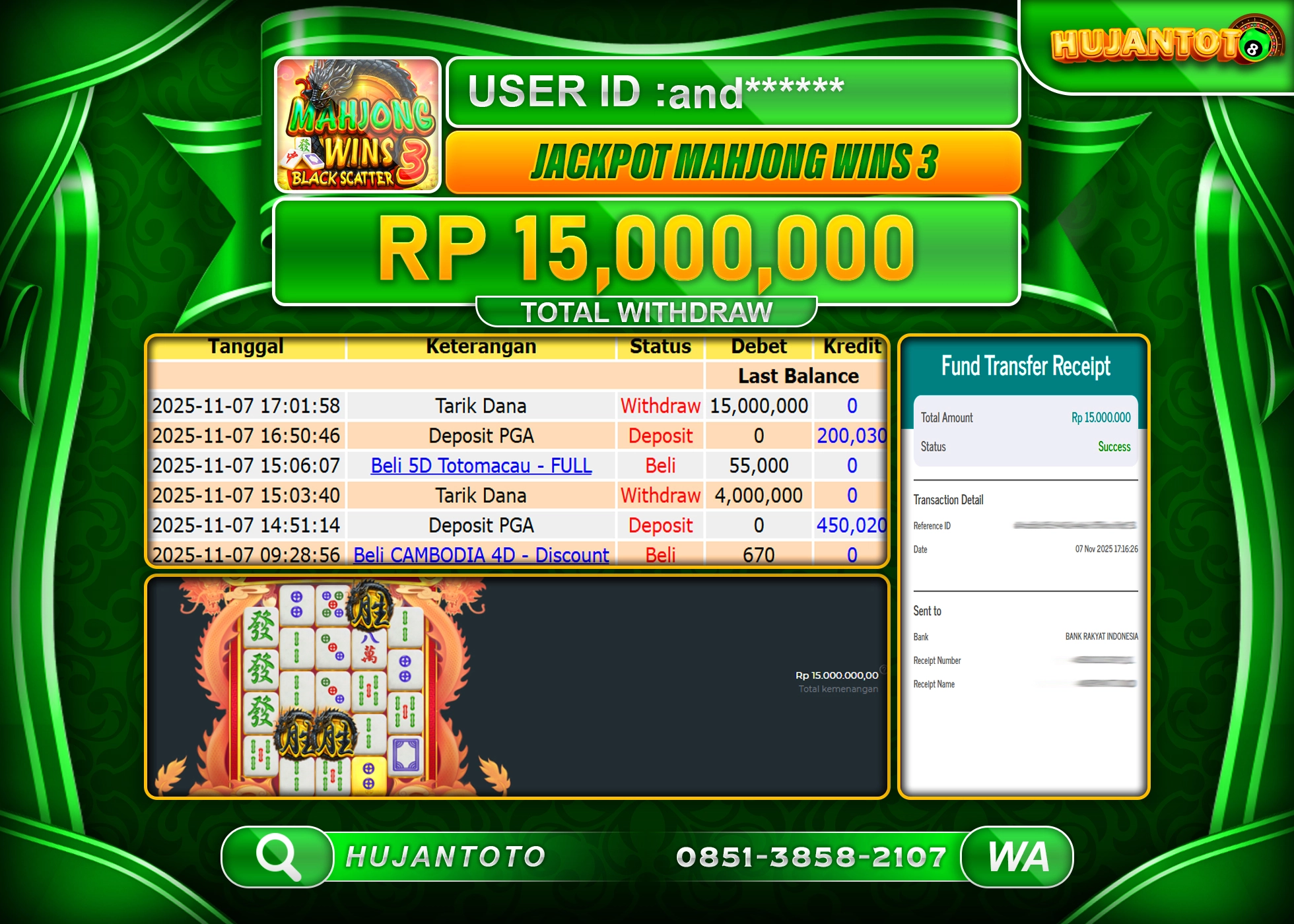 HUJANTOTO - BUKTI JACKPOT MENANG SLOT MAHJONG WINS 3 Rp.15,000,000 - TERBAYAR LUNAS