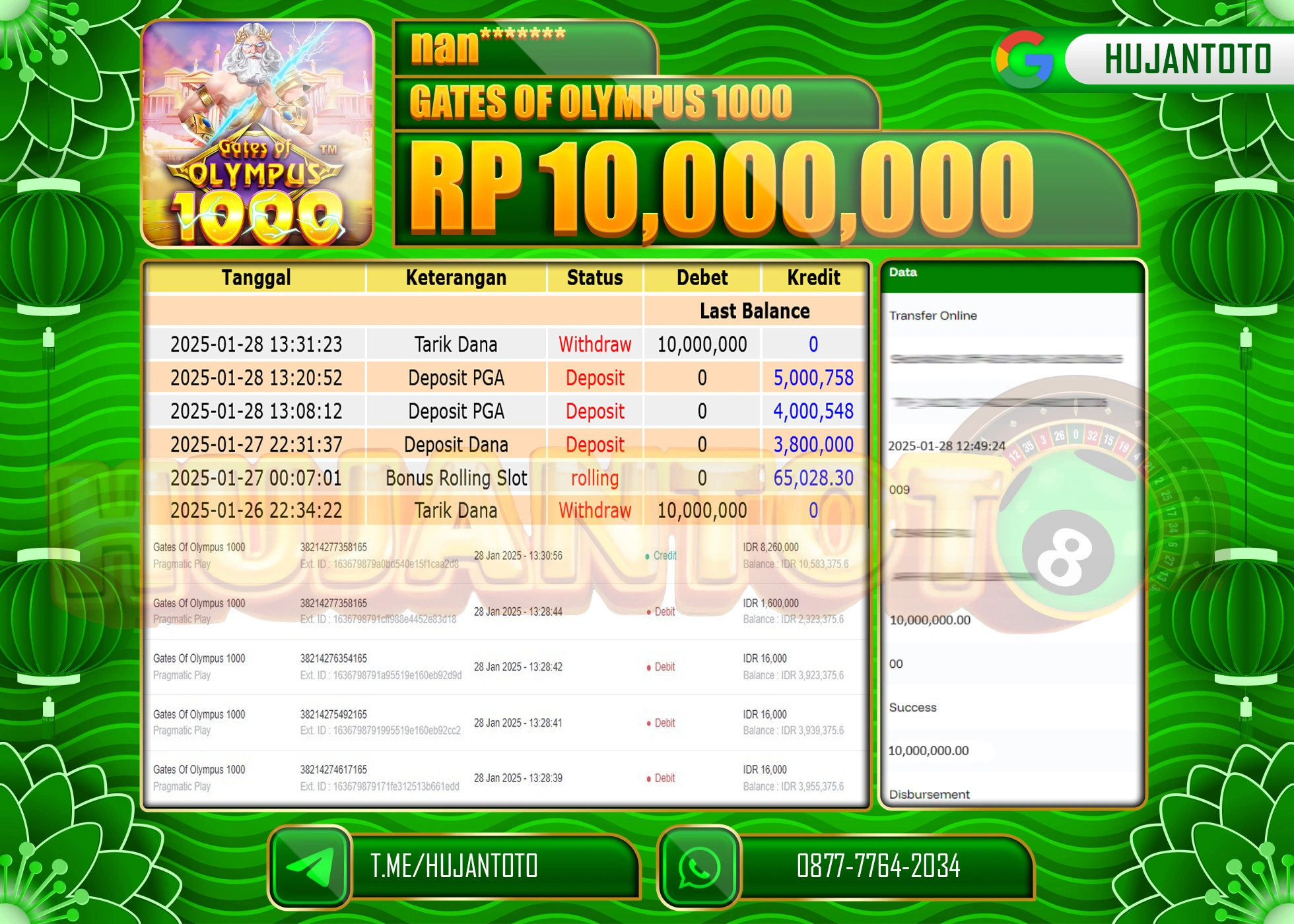 HUJANTOTO - BUKTI JACKPOT MENANG SLOT GATES OF OLYMPUS 1000, Rp,10,000,000 - TERBAYAR LUNAS