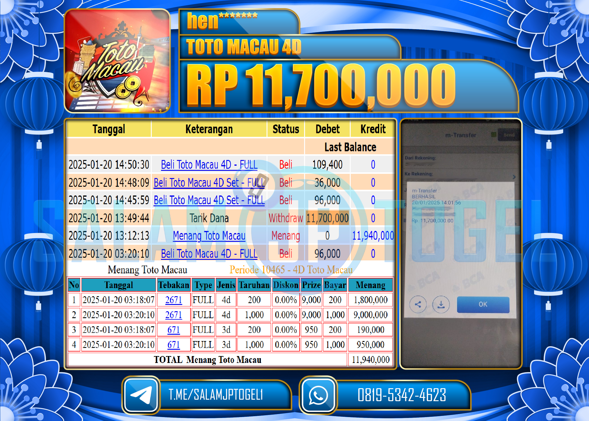 SALAMJPTOGEL MENANG TOTO MACAU 4D GAMES  Rp.11,700,000 LUNAS