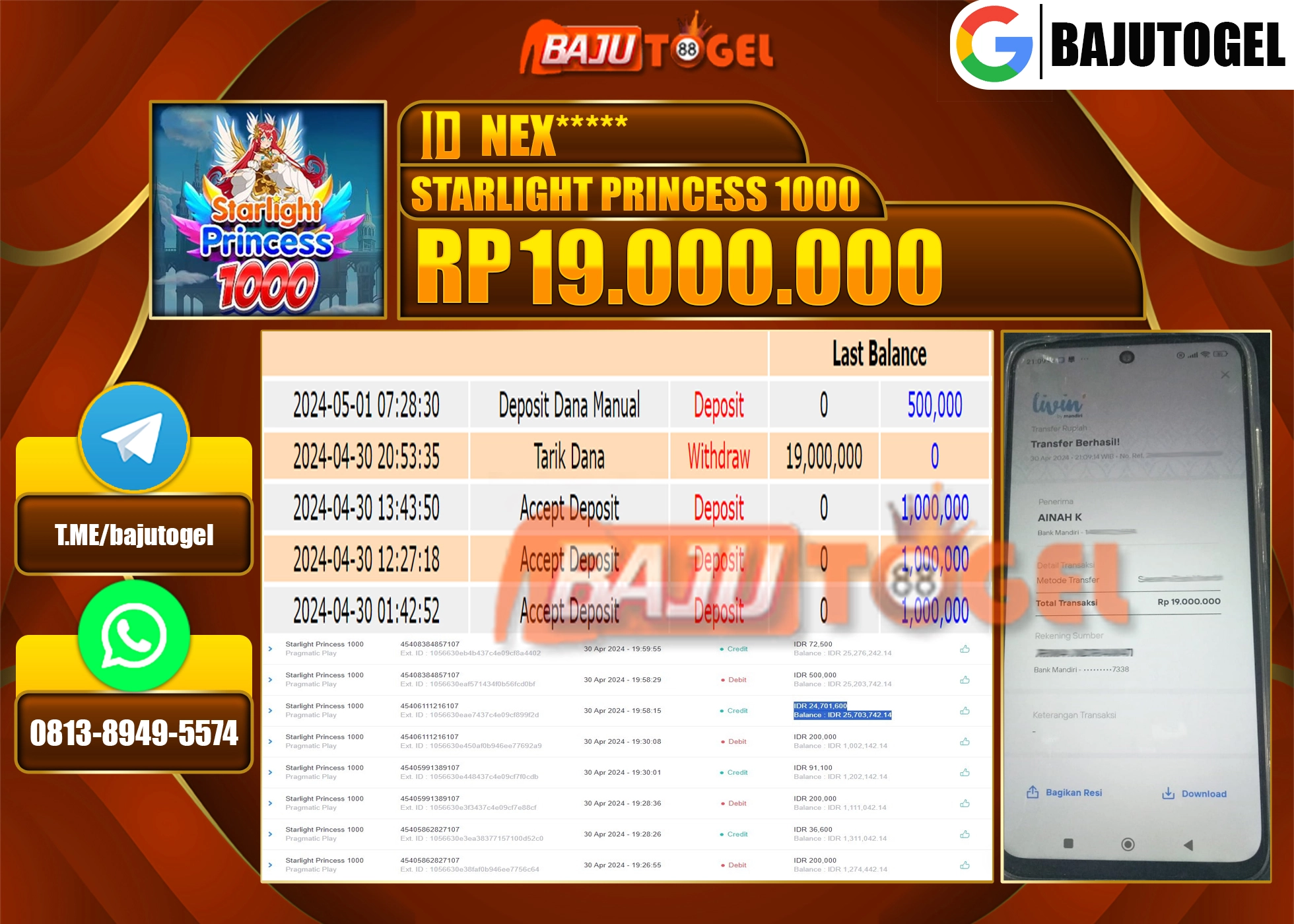 BAJUTOGEL JACKPOT SLOT STARLIGHT PRINCES 1000 Rp.19.000.000 LUNAS