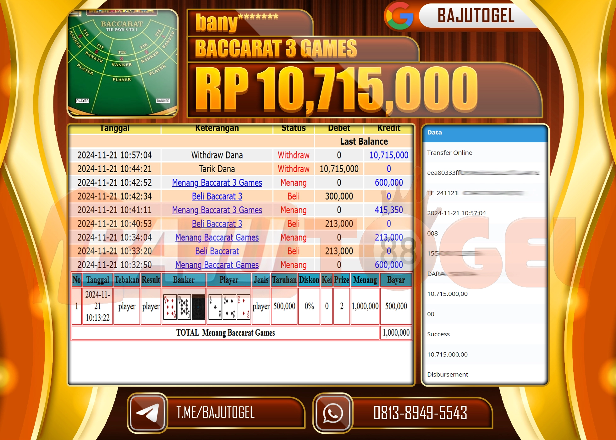   BAJUTOGEL JACKPOT BACCARAT 3 GAMES Rp.10.715.000 LUNAS