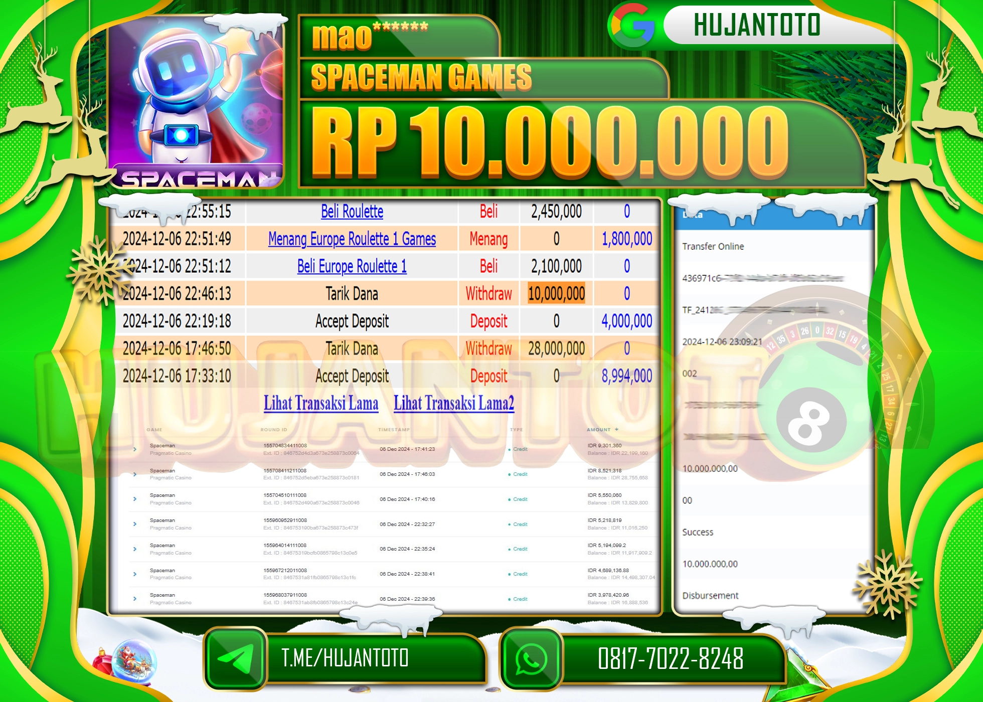 HUJANTOTO ATAS KEMENANGAN BESAR YANG  DI RAIH DI PERMAINAN SPACEMAN GAMES SEBESAR - 10,000,000 -TERBAYAR - LUNAS 