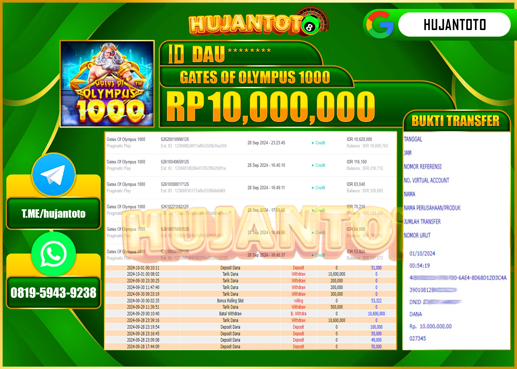 HUJANTOTO MENANG BESAR DI PERMAINAN SLOT GATES OF OLYMPUS 1000 - 10.000,000 - LUNAS 