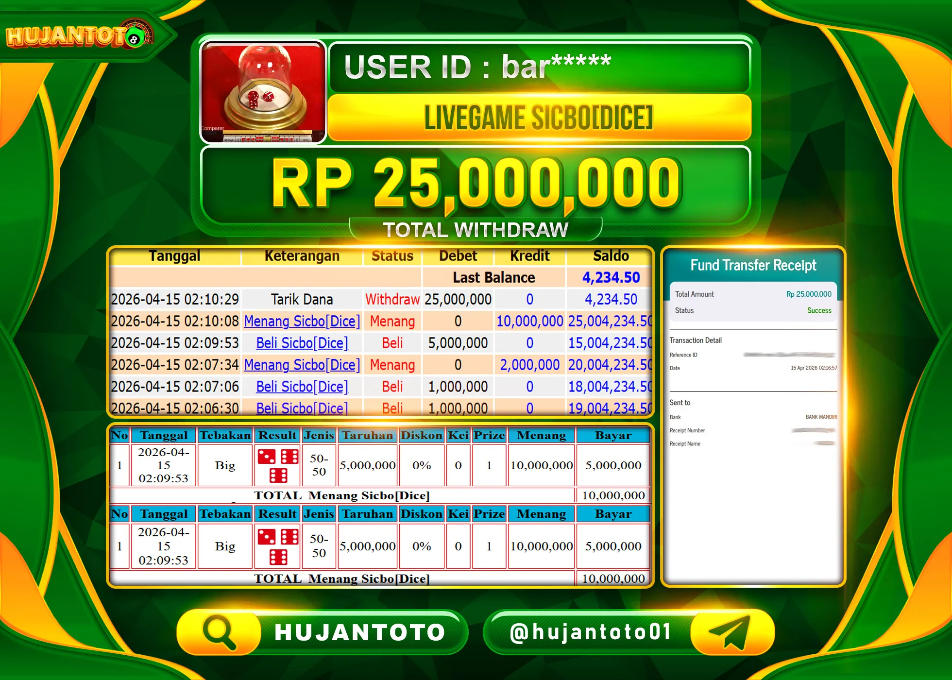 HUJANTOTO - BUKTI JACKPOT MENANG LIVEGAME SICBO DICE Rp.25,000,000 - TERBAYAR LUNAS