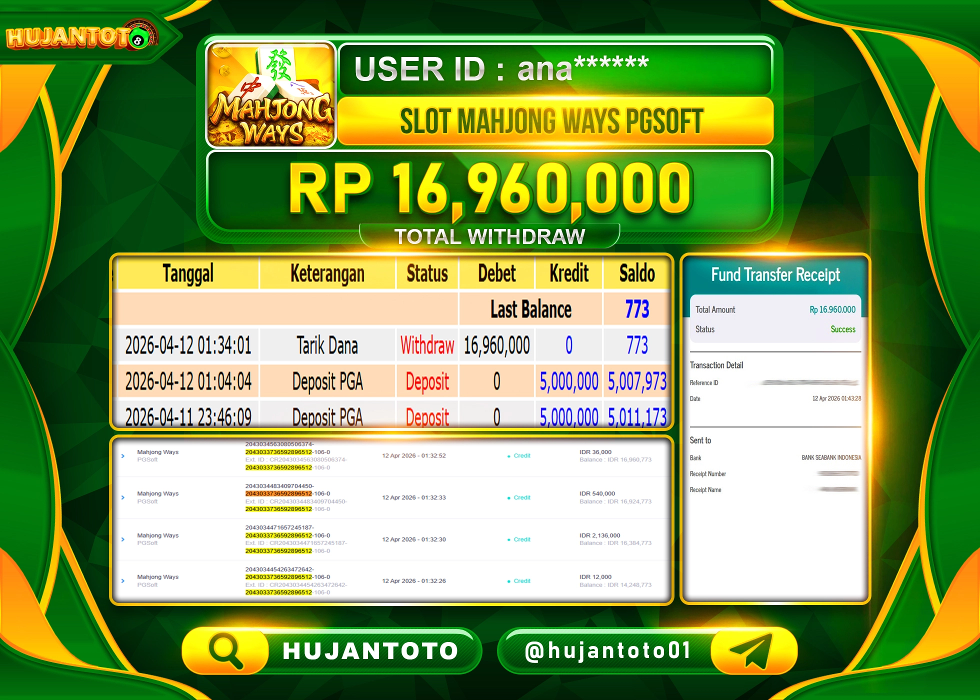 HUJANTOTO - BUKTI JACKPOT MENANG SLOT MAHJONG WAYS PGSOFT Rp.16,960,000 - TERBAYAR LUNAS
