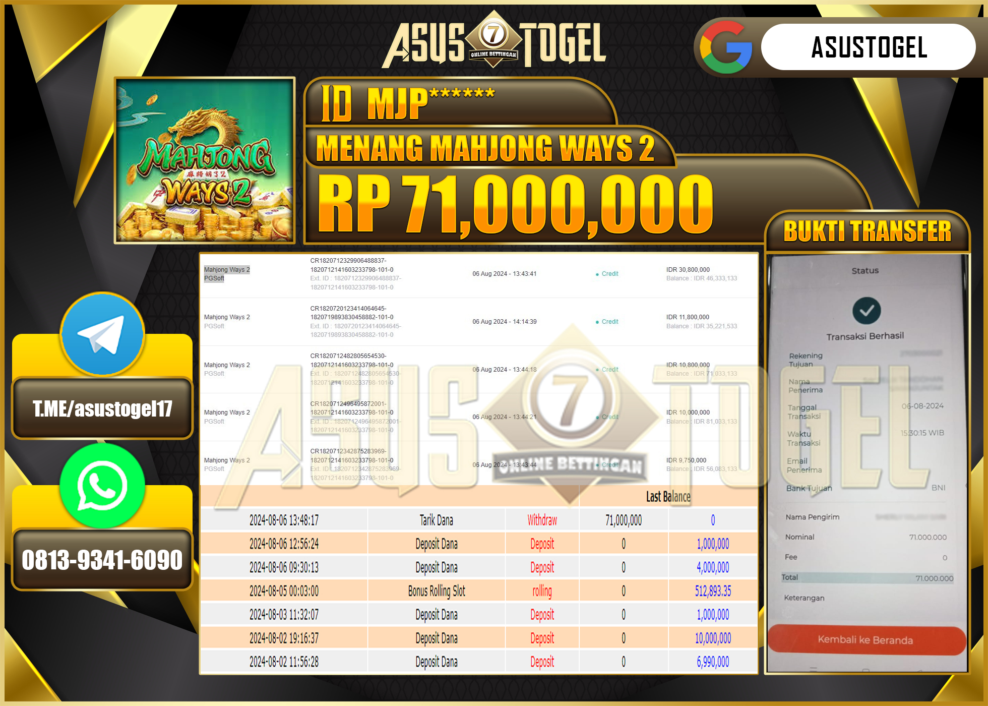 ASUSTOGEL KEMENANGAN DI PGSOFT MAHJONG WAYS   2  SEBESAR 71,000,000- RUPIAH LUNAS