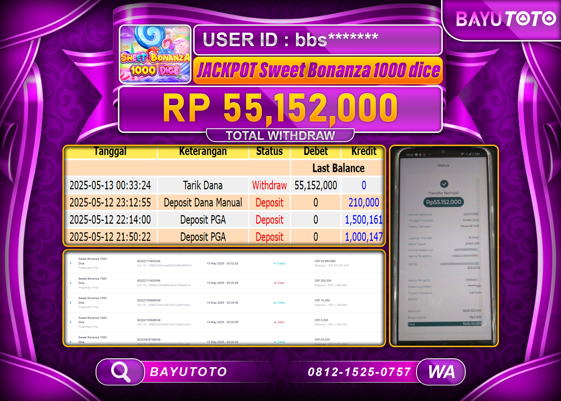 BAYUTOTO JACKPOT  SLOT SWEET BONANZA 1000 DICE Rp.55,152,000 LUNAS