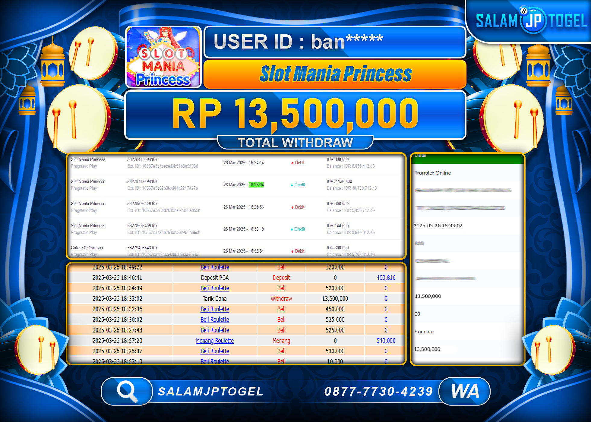 SALAMJPTOGEL MENANG SLOT MANIA PRINCESS  Rp. 13,500,000 LUNAS