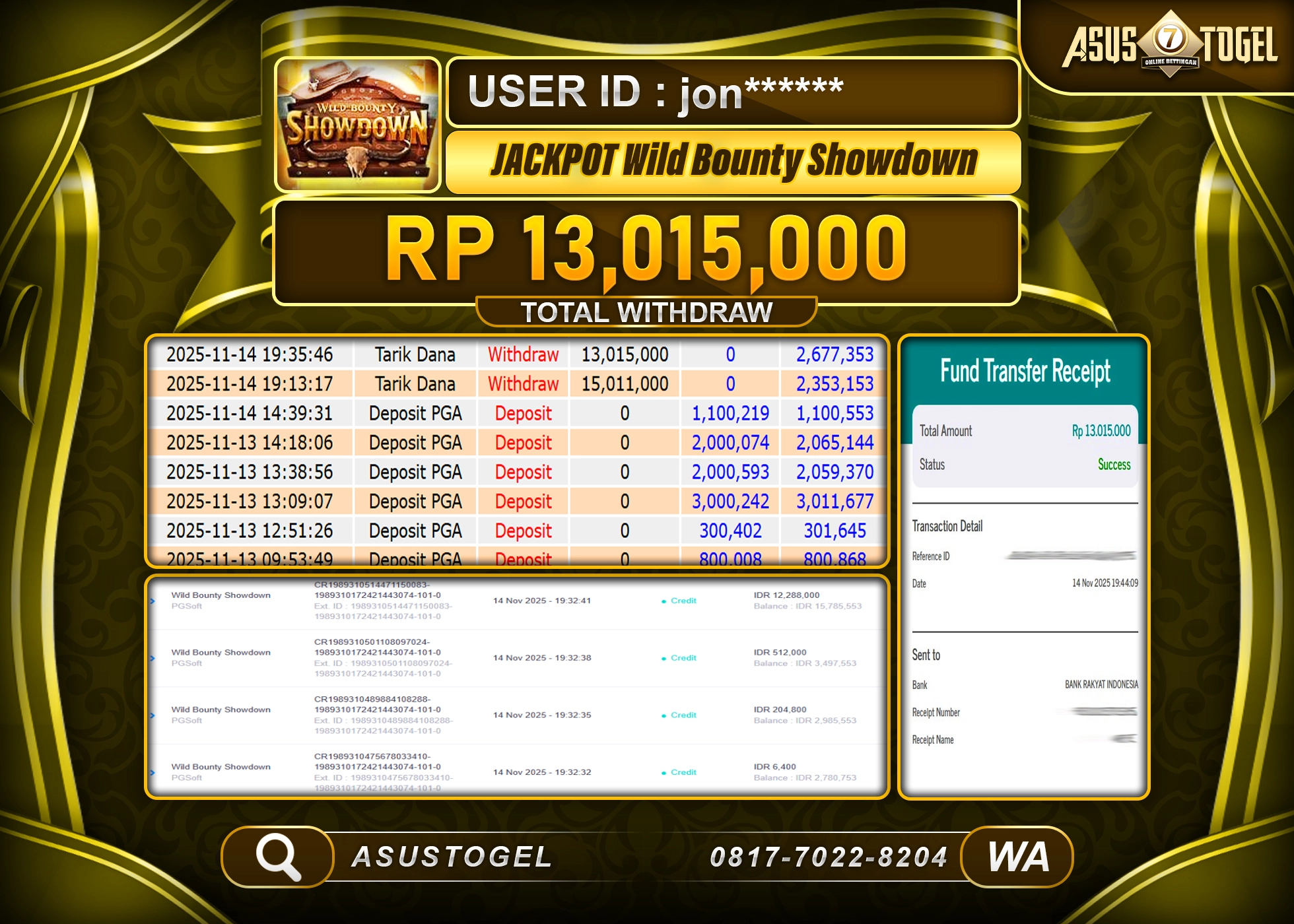 ASUSTOGEL KEMENANGAN DI SLOT WILD BOUNTY SHOWDOWN SEBESAR 13,015,000 - RUPIAH LUNAS