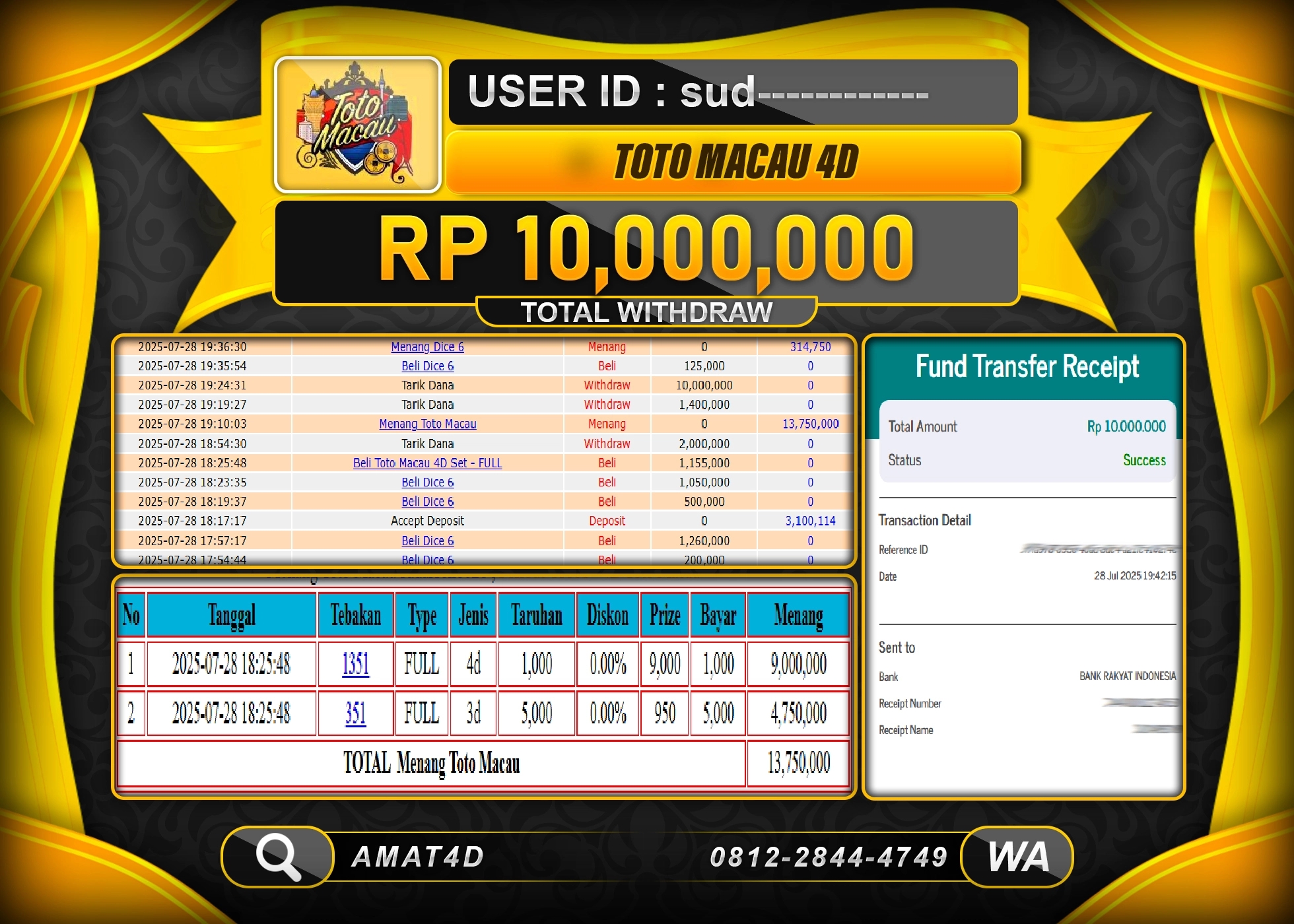 AMAT4D KEMENANGAN DI TOTO MACAU 4D  Rp.10.000.000 BERHASIL TERBAYAR LUNAS