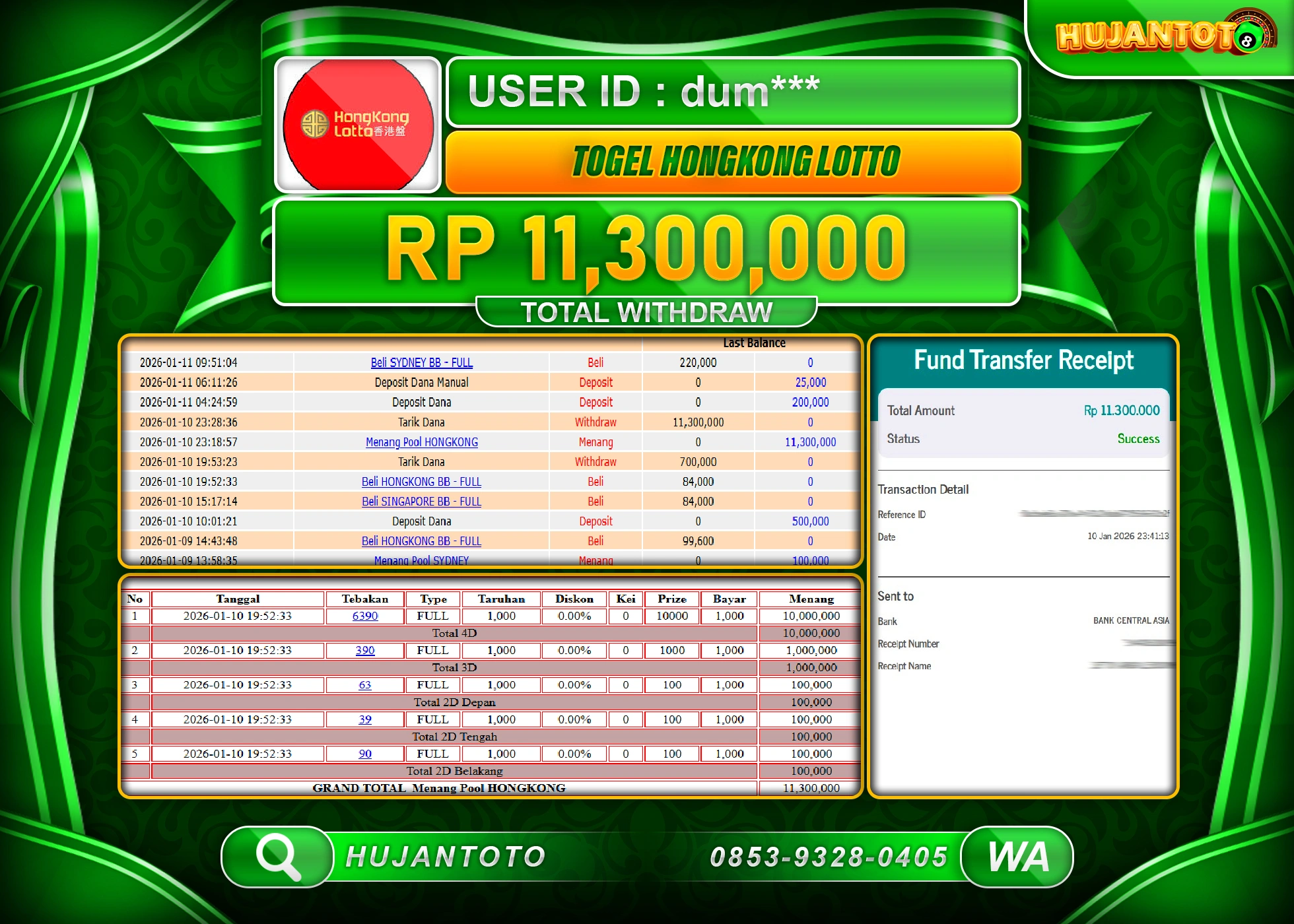 HUJANTOTO - BUKTI JACKPOT MENANG TOGEL HONGKONG LOTTO Rp.11,300,000 - TERBAYAR LUNAS