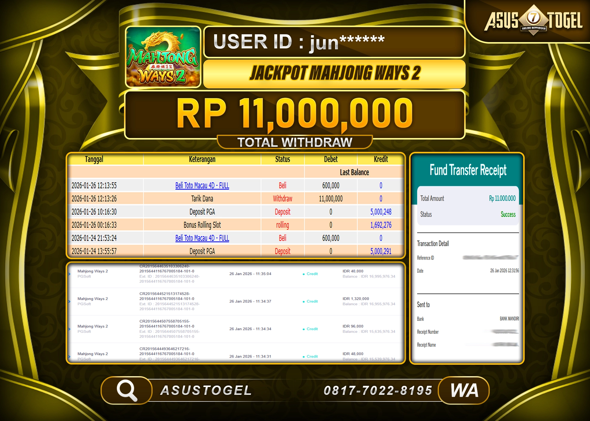 ASUSTOGEL KEMENANGAN DI SLOT MAHJONG WAYS 2 SEBESAR 11,000,000 - RUPIAH LUNAS