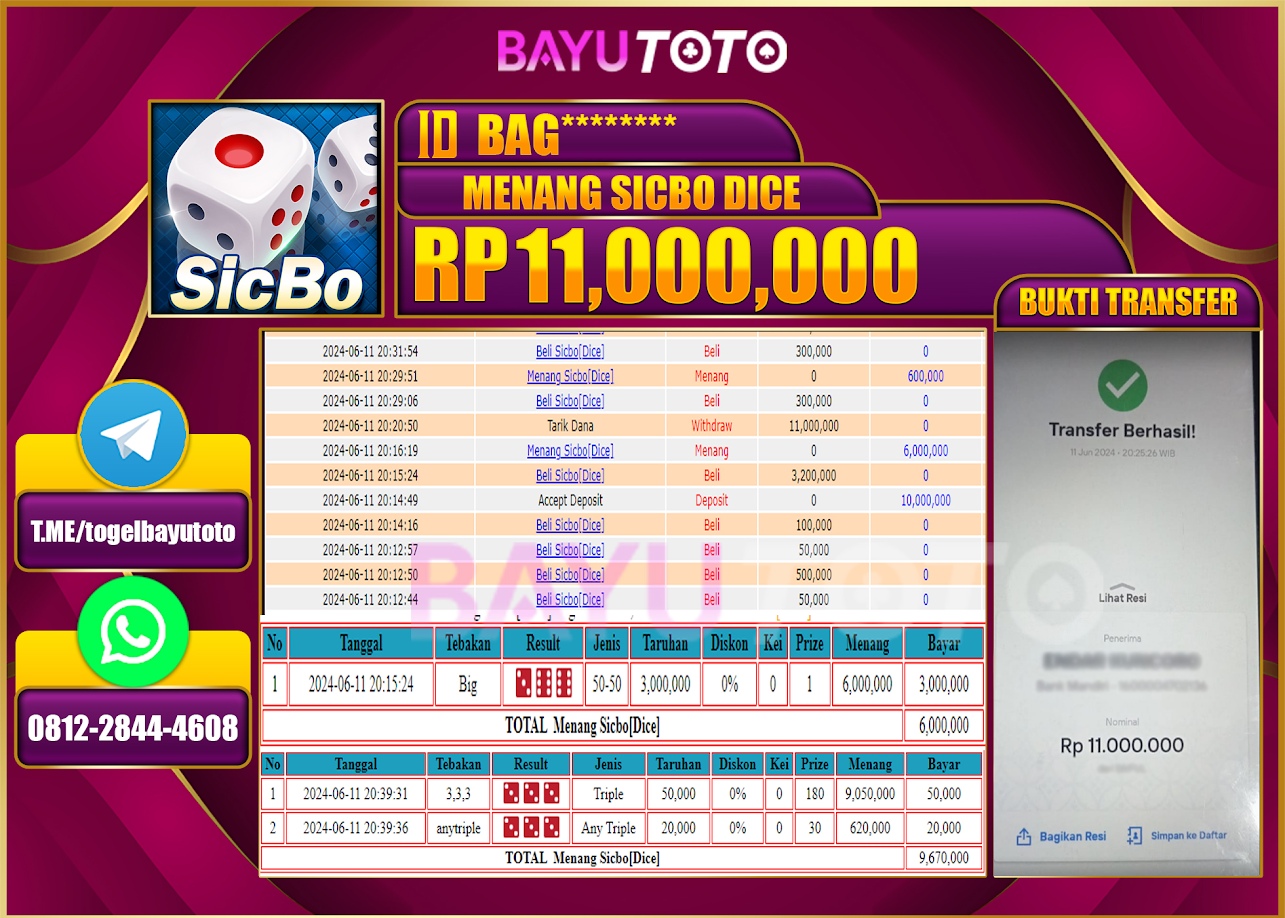BAYUTOTO JACKPOT PERMAINAN LIVE GAME SICBO DICE  Rp.11.000.000 LUNAS
