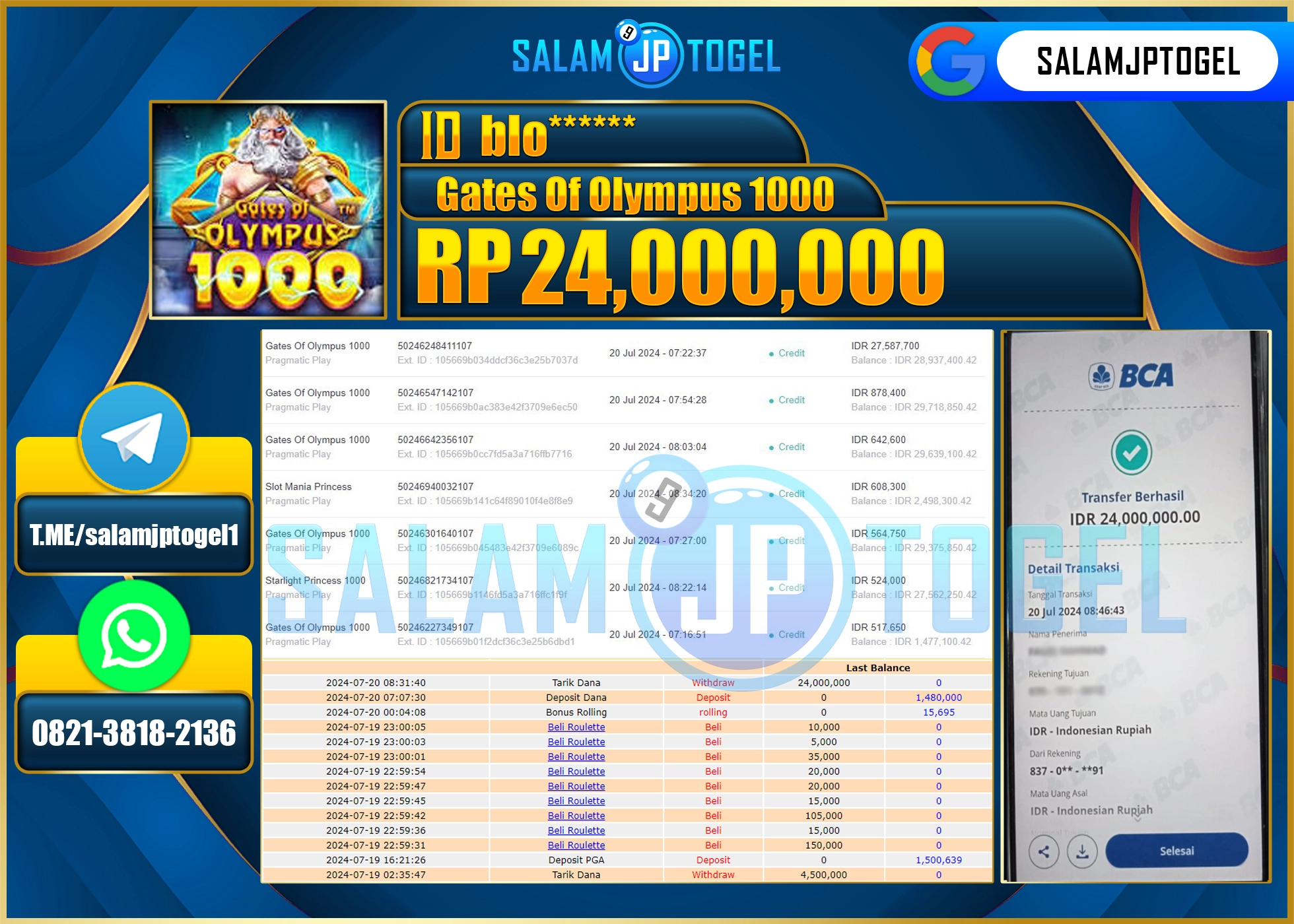 SALAMJPTOGEL MENANG GATES OF OLYMPUS 1000  RP. 24,000,000.,LUNAS