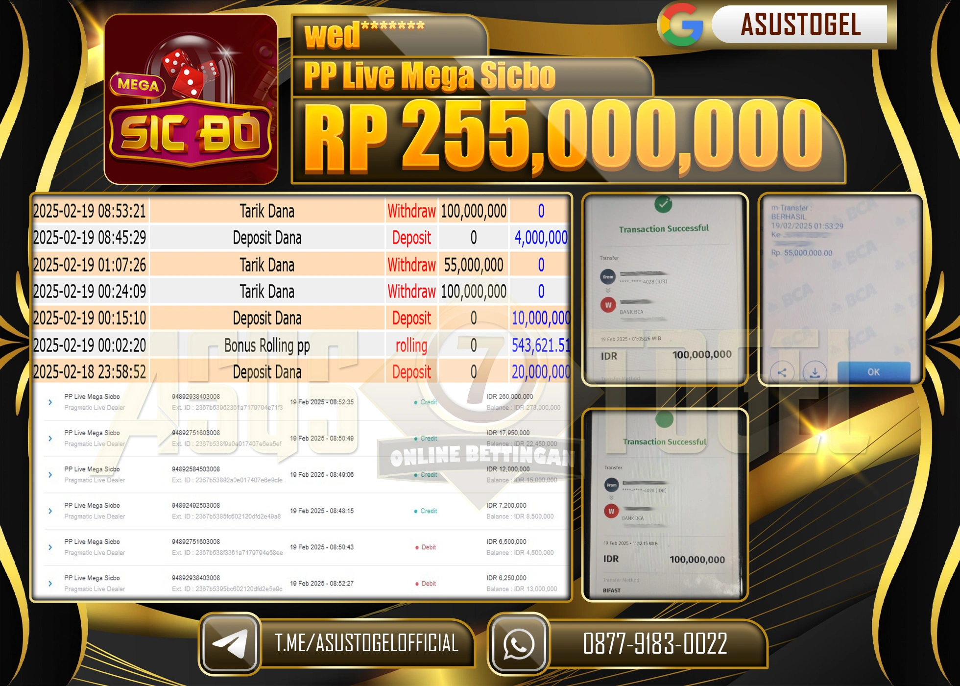 ASUSTOGEL KEMENANGAN DI PP LIVE MEGA SICBO SEBESAR 255.000.000 - RUPIAH LUNAS