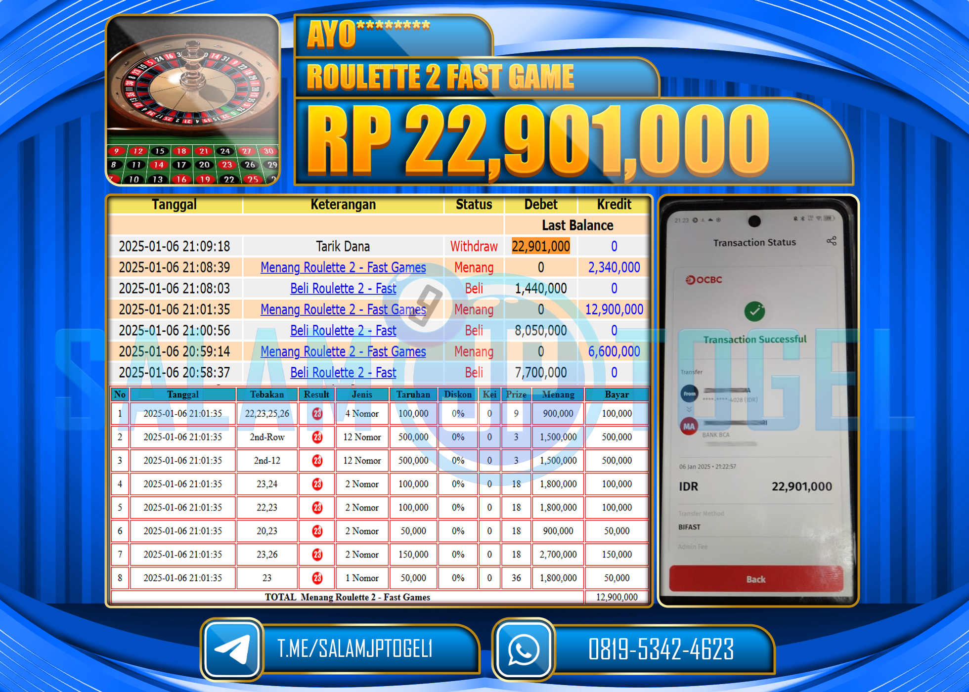 SALAMJPTOGEL MENANG ROULETTE 2 FAST GAMES Rp.22,901,000 LUNAS
