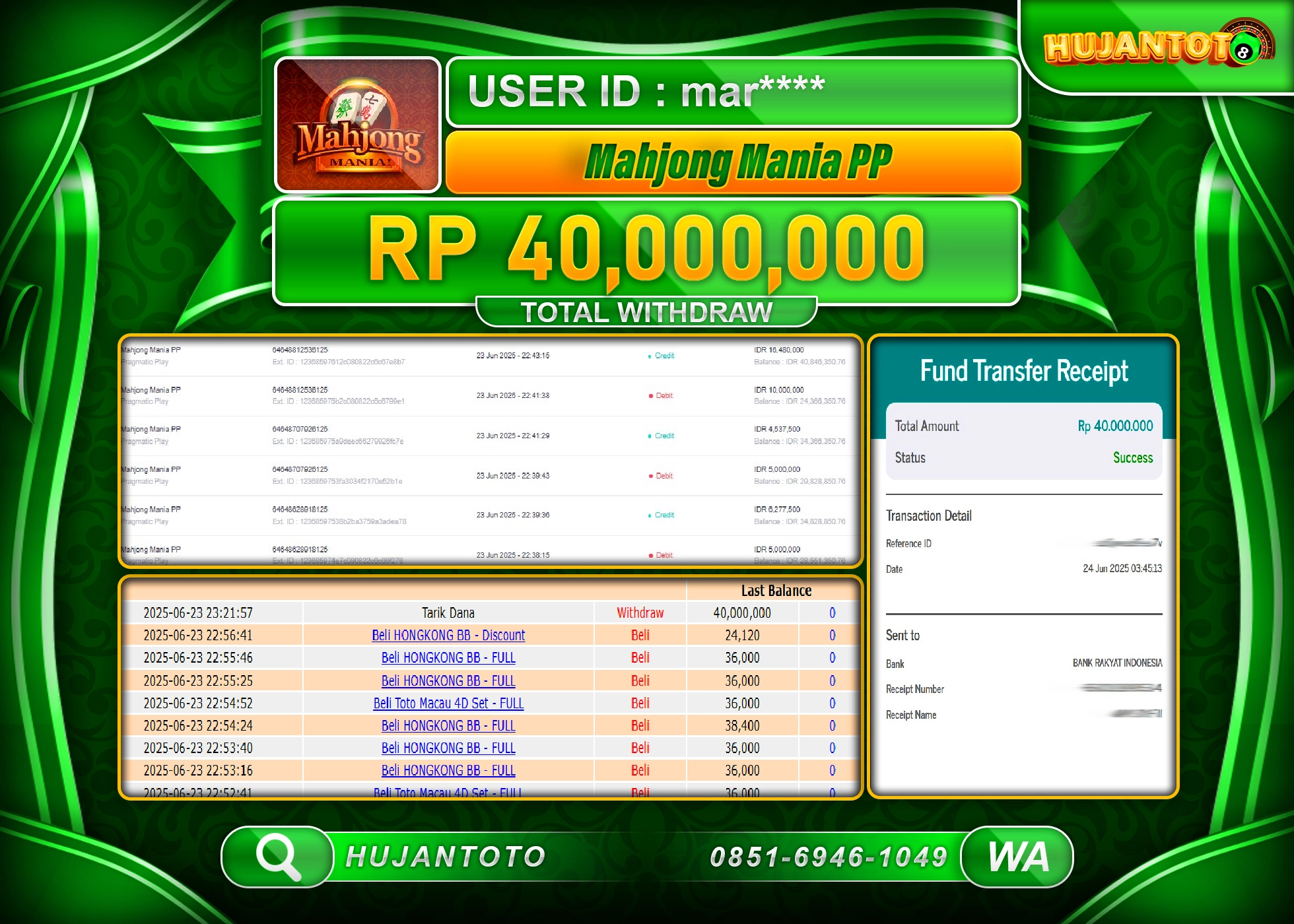 HUJANTOTO - BUKTI JACKPOT MENANG DI SLOT MAHJONG MANIA PP Rp.40,000,000 - TERBAYAR LUNAS