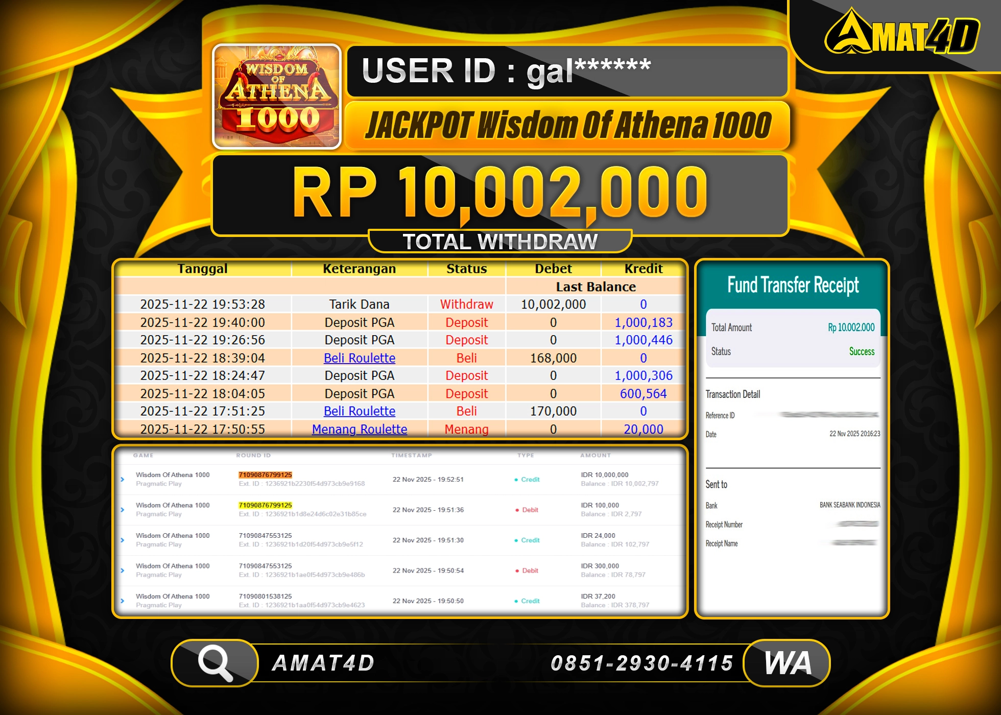 AMAT4D KEMENANGAN DI WISDOM OF ATHENA 1000 Rp.10.002.000 BERHASIL TERBAYAR LUNAS