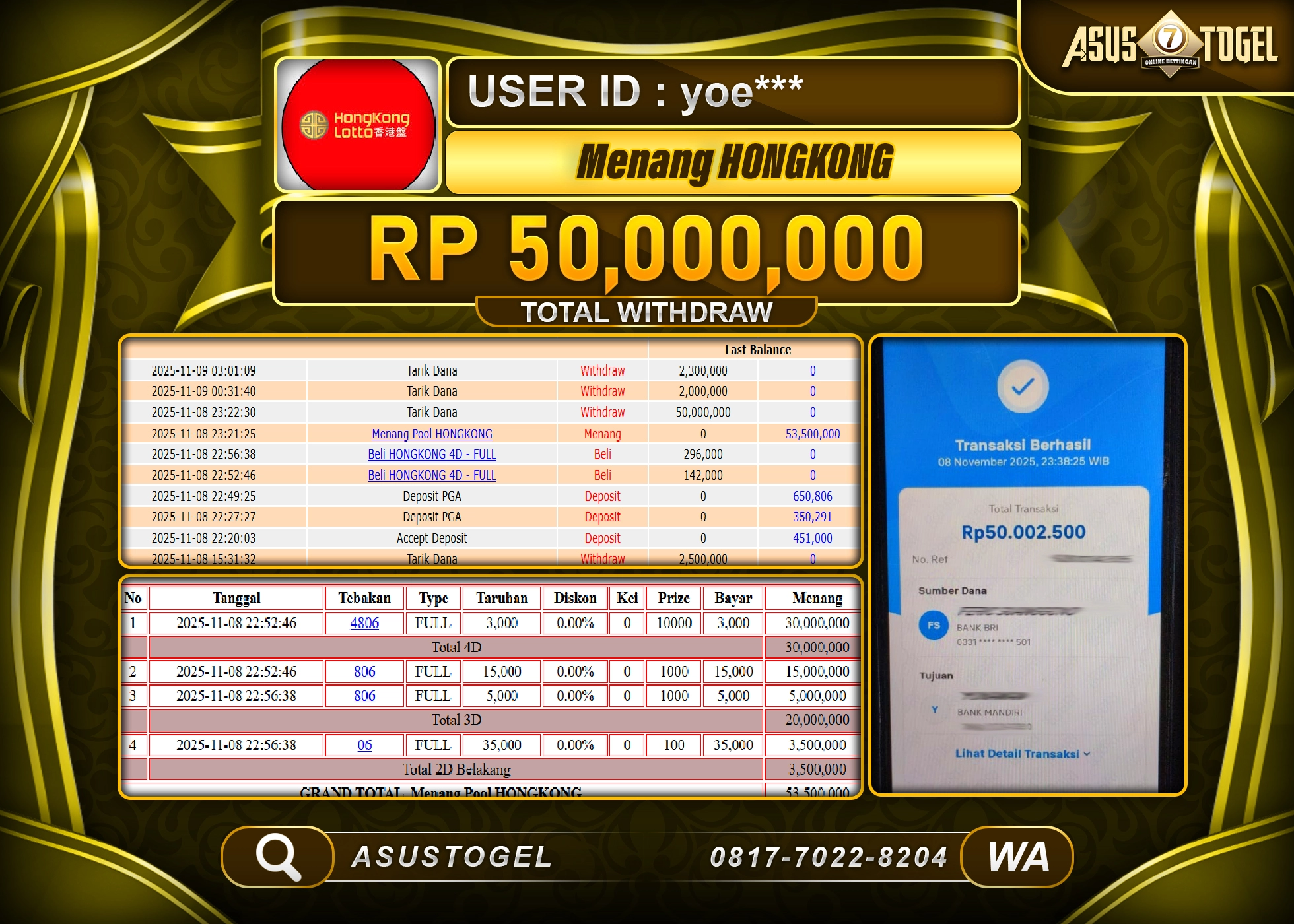 ASUSTOGEL KEMENANGAN DI TOGEL HONGKONG LOTTO SEBESAR 50,000,000 - RUPIAH LUNAS
