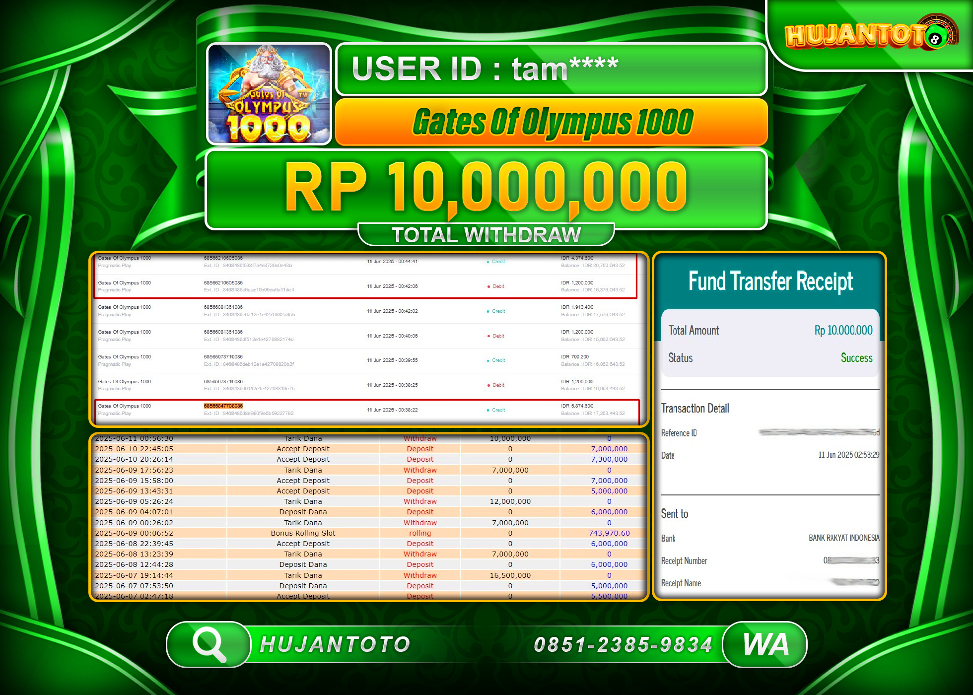 HUJANTOTO - BUKTI JACKPOT MENANG SLOT GATES OF OLYMPUS 1000 Rp.10,000,000 - TERBAYAR LUNAS