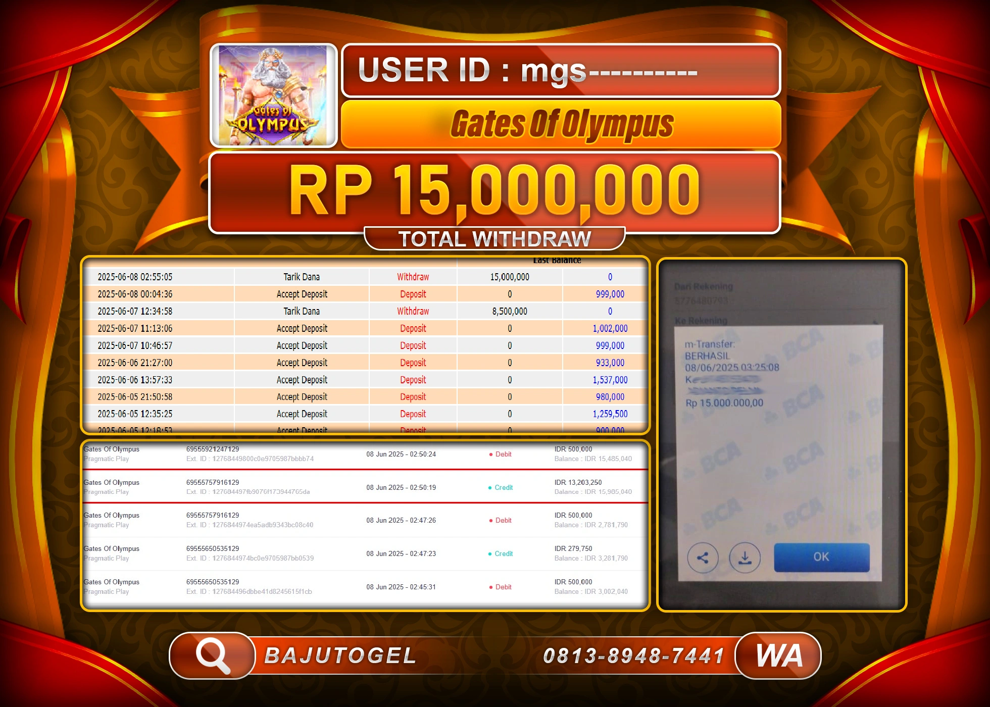 BAJUTOGEL KEMENANGAN GATES OF OLYMPUS  Rp.15.000.000 LUNAS