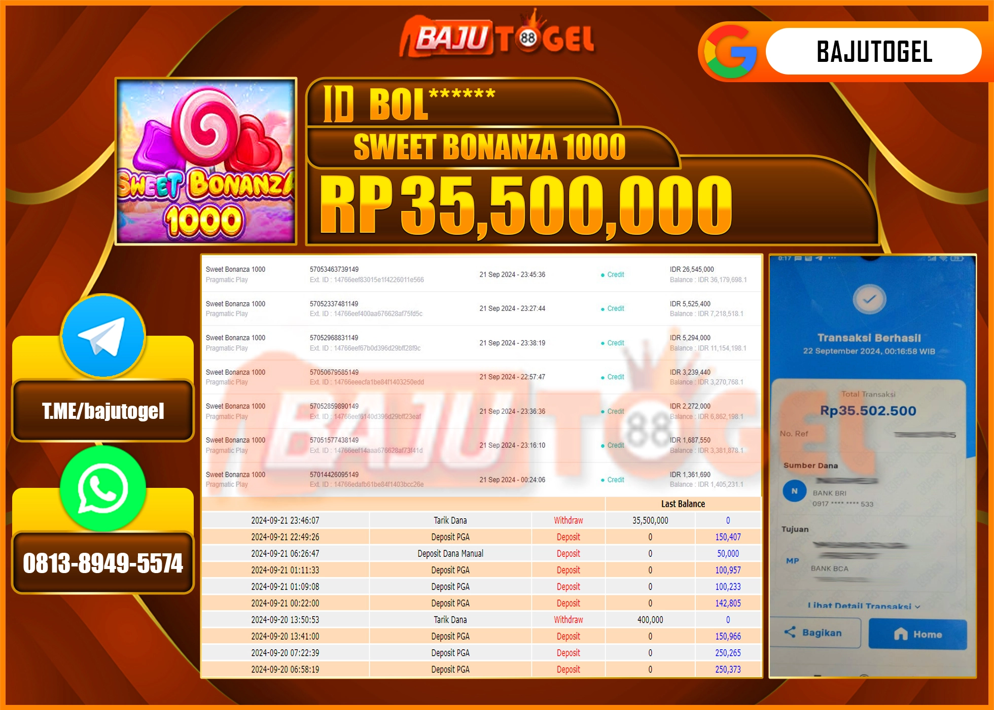 BAJUTOGEL JACKPOT SLOT SWEET BONANZA 1000 Rp.35.500.000 LUNAS