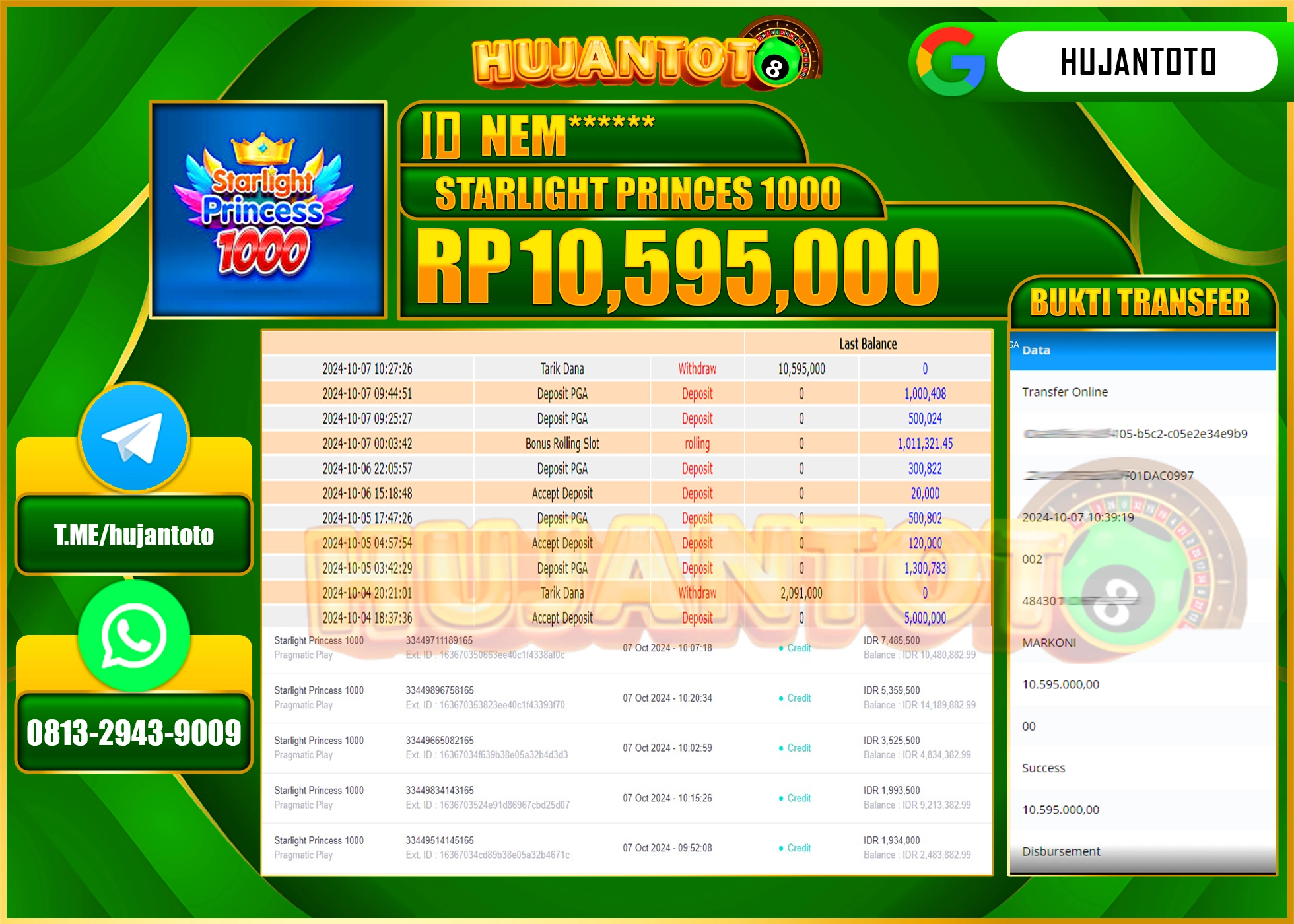HUJANTOTO MENANG DI STARLIGHT PRINCESS 1000 10,595,000 - LUNAS 