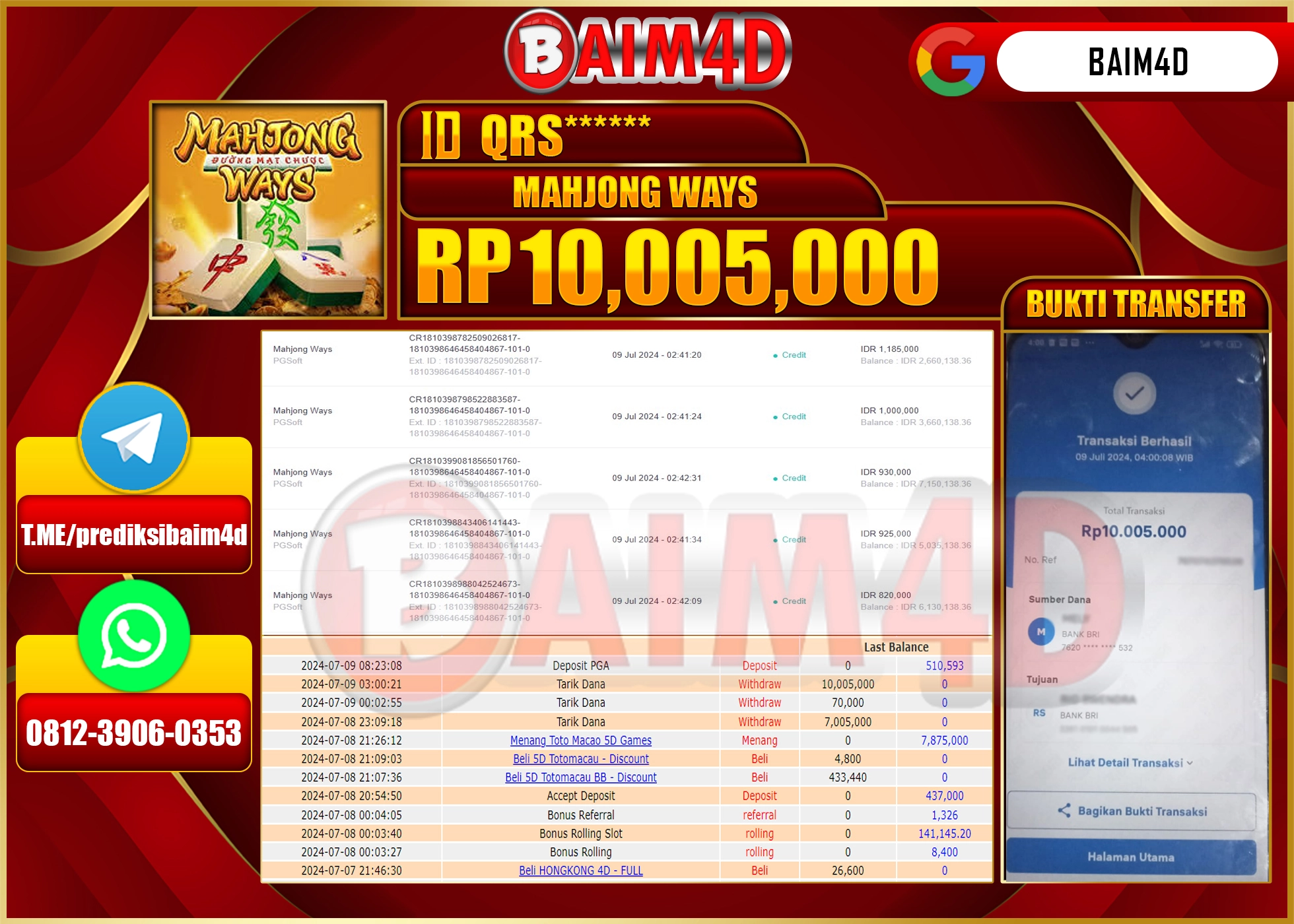 BAIM4D JACKPOT PG SOFT MAHJONG WAYS  Rp.10.005,000.- LUNAS