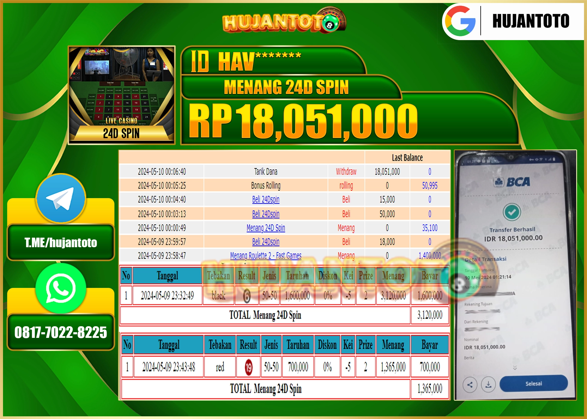 HUJANTOTO MENANG LIVE GAMES 24D SPIN 18,051,000 - LUNAS