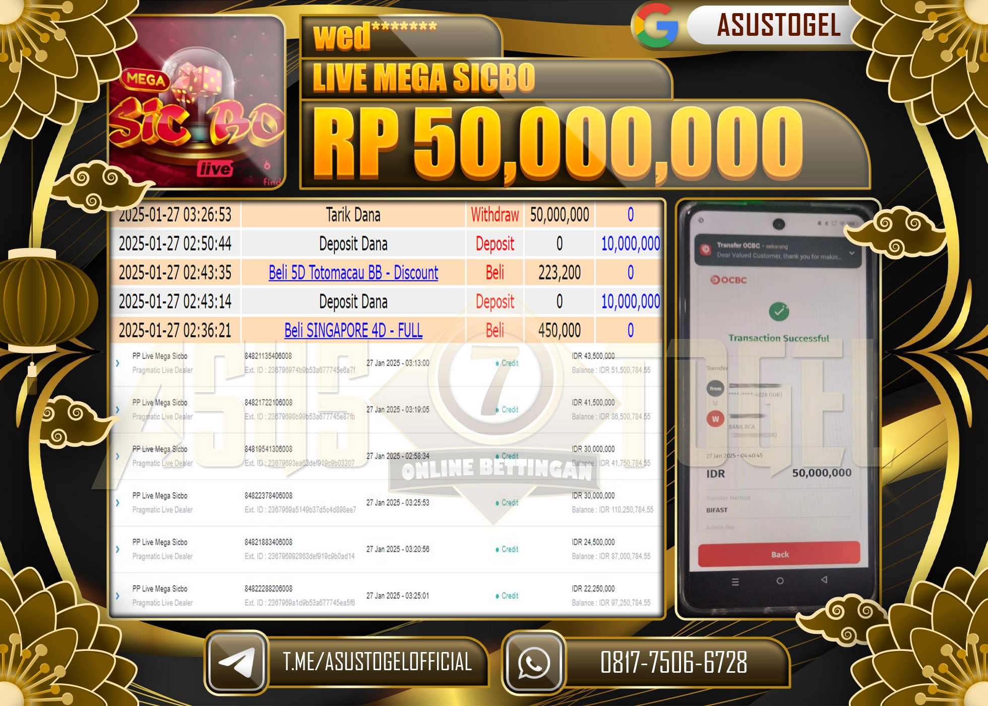 ASUSTOGEL KEMENANGAN DI PP LIVE MEGA SICBO SEBESAR 50.000.000 - RUPIAH LUNAS