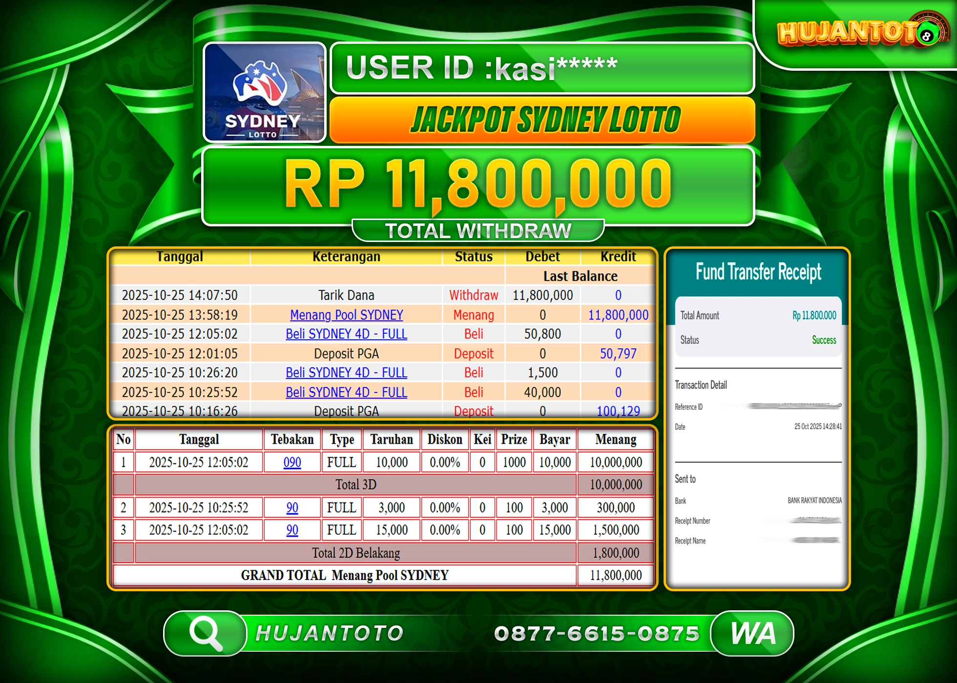 HUJANTOTO - BUKTI JACKPOT MENANG PERMAINAN TOGEL SYDNEY LOTTO Rp.11,800,000 - TERBAYAR LUNAS