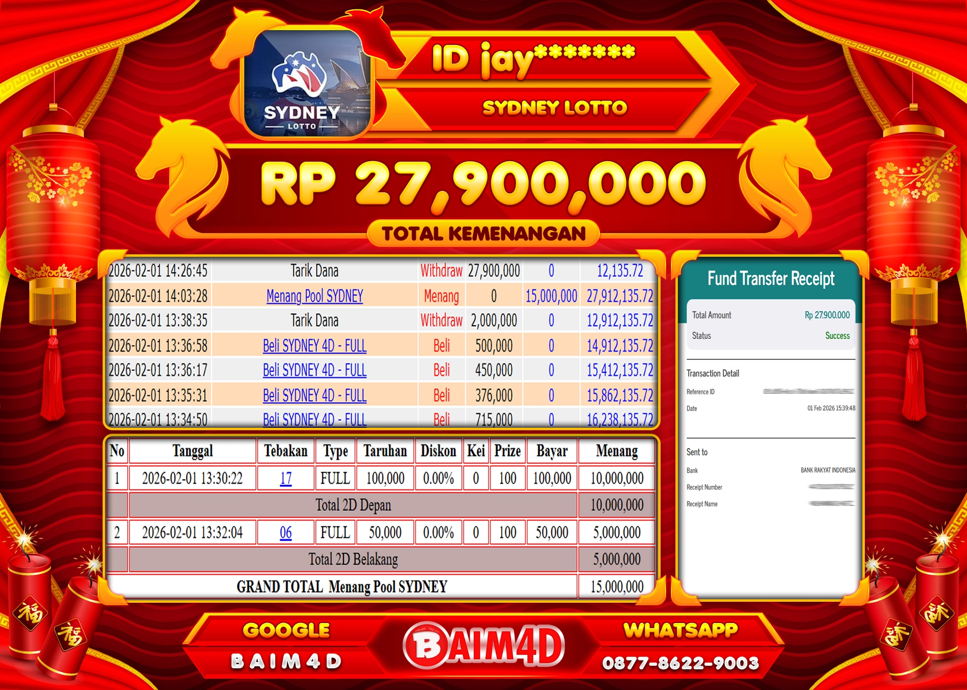 BAIM4D JACKPOT  TOGEL SYDNEY LOTTO  Rp.27,900,000 - LUNAS