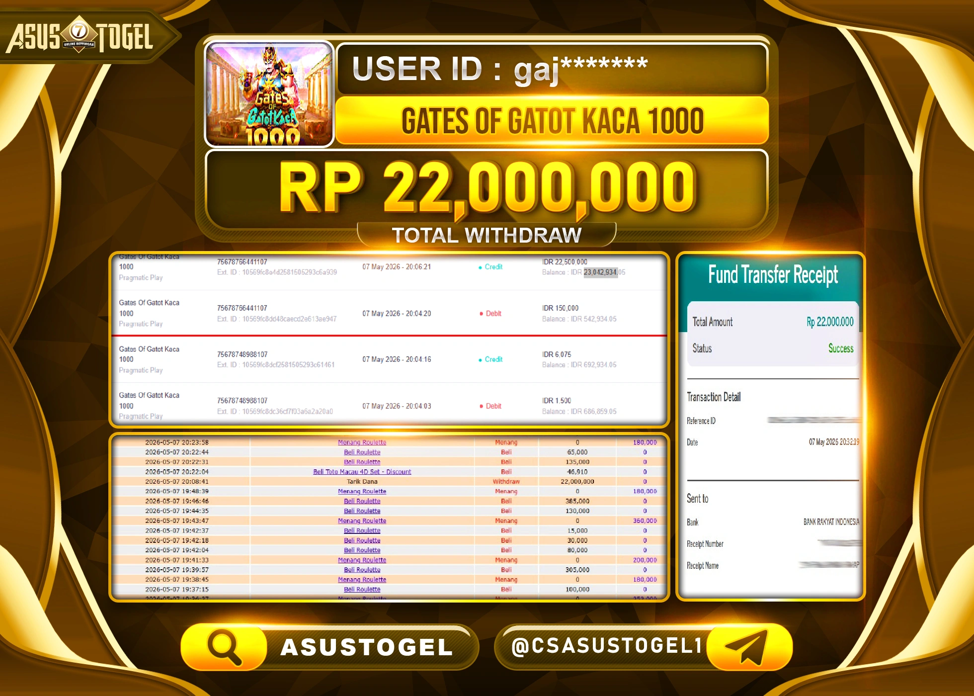 ASUSTOGEL KEMENANGAN JACKPOT DI PERMAINAN GATOT KACA 1000 SEBESAR Rp.22,000,000 - RUPIAH LUNAS