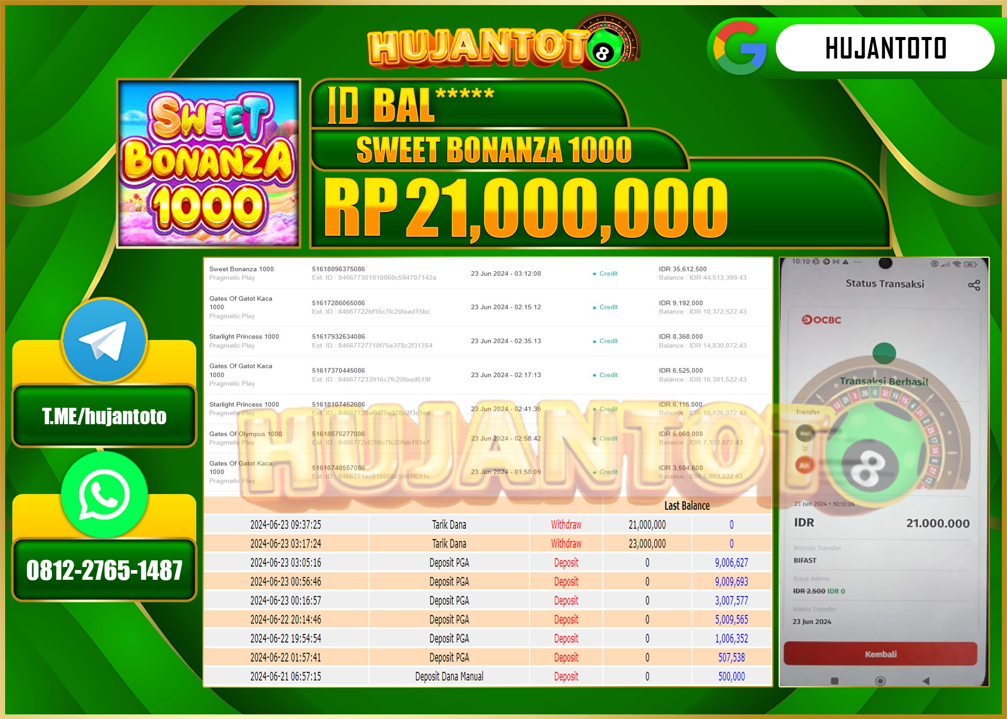 HUJANTOTO MENANG SLOT SWEET BONANZA 1000 WD 21.000,000 - LUNAS 