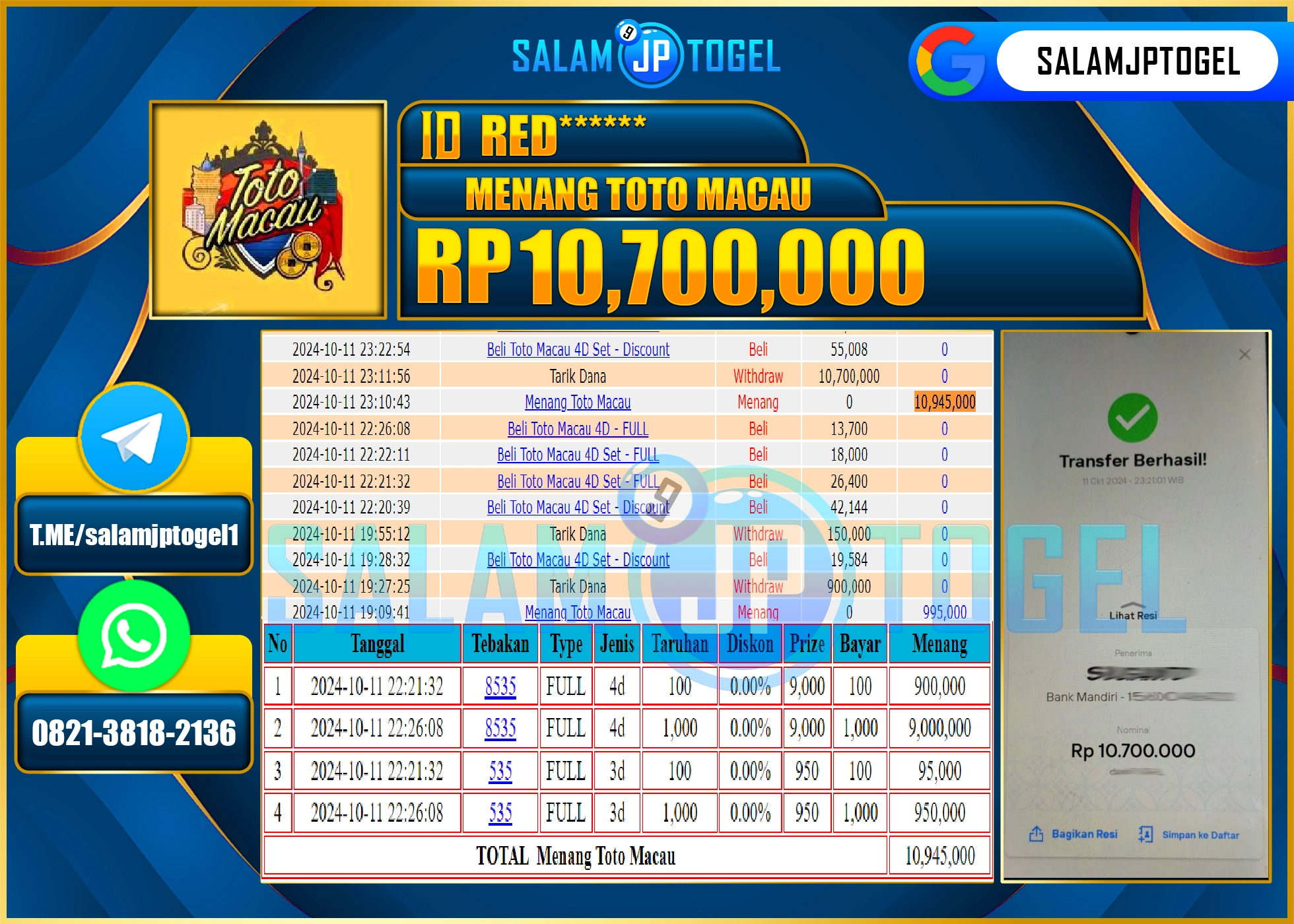 SALAMJPTOGEL MENANG TOGEL TOTO MACAU 4D RP. 10,700,000 LUNAS