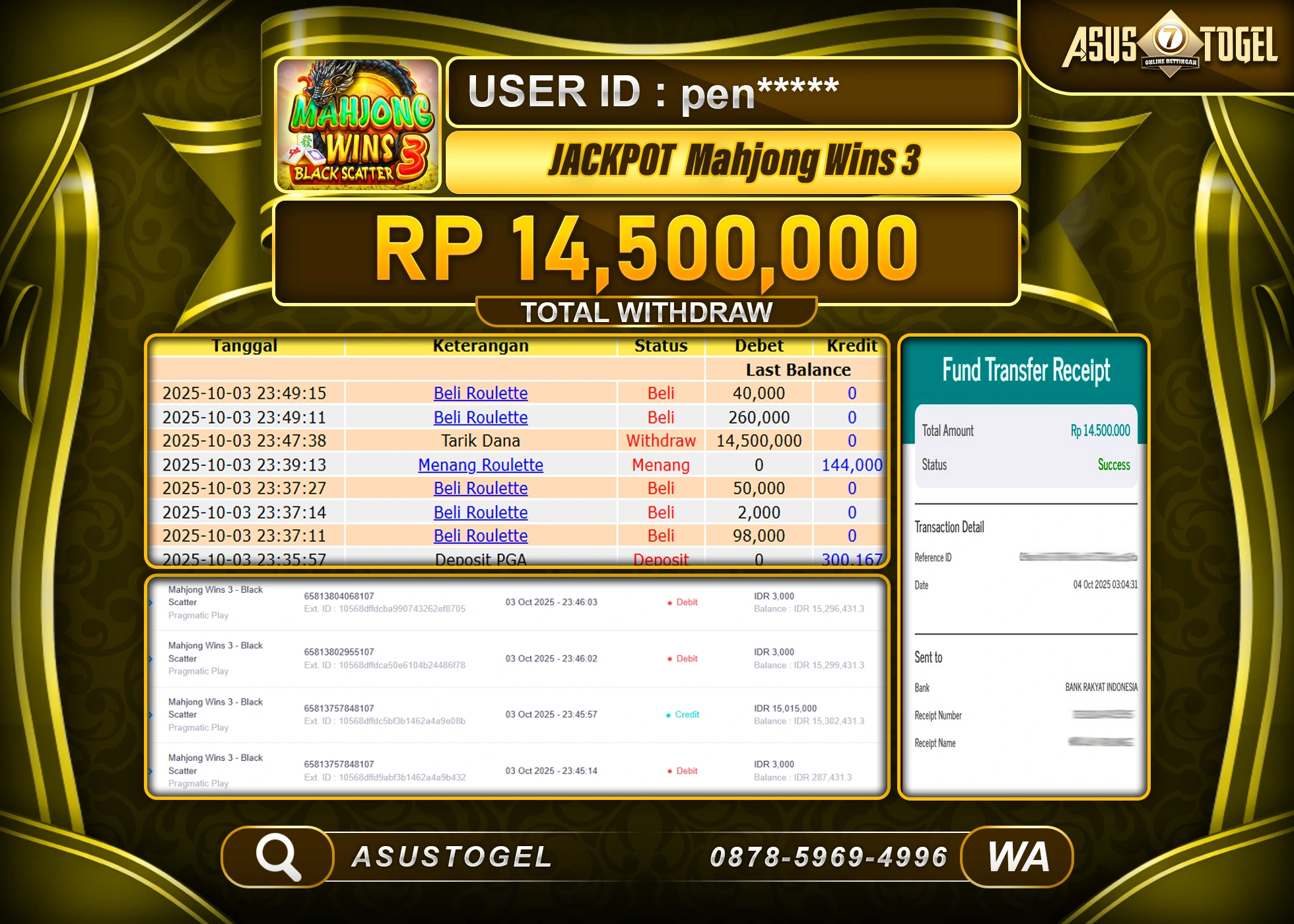 ASUSTOGEL KEMENANGAN DI SLOT MAHJONG WINS 3 BLACK SCATTER  SEBESAR 14,500,000- RUPIAH LUNAS