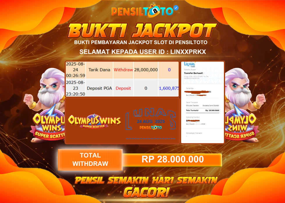 PENSILTOTO JACKPOT OLYMPUS WINS SUPER SCATTER Rp.28.000.000,- LUNAS