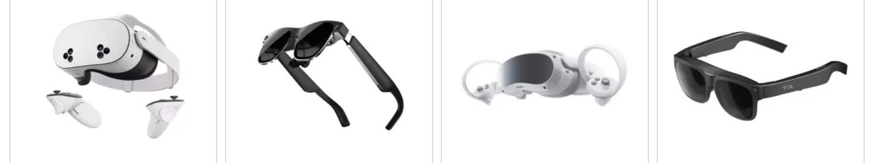 左から順に、Meta Quest 3、スマートグラス（サングラス型）、PICO 4、TCL製スマートグラスが並んだ、最新のXR・VRデバイス比較画像