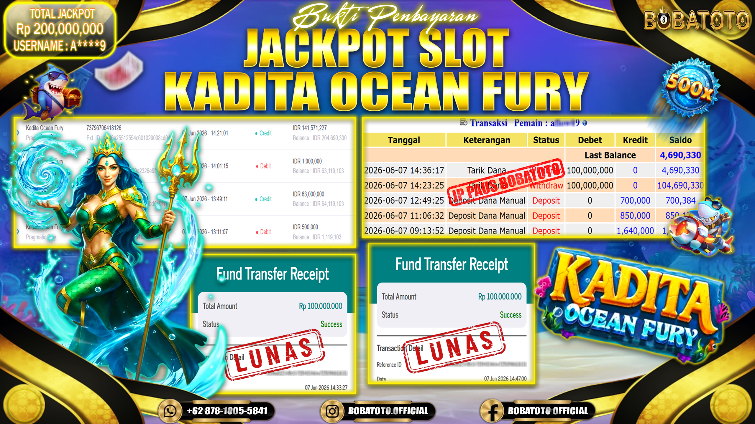 BOBATOTO JACKPOT SLOT KADITA OCEAN FURY PRAGMATIC PLAY Rp.200,000,000,- LUNAS!!!