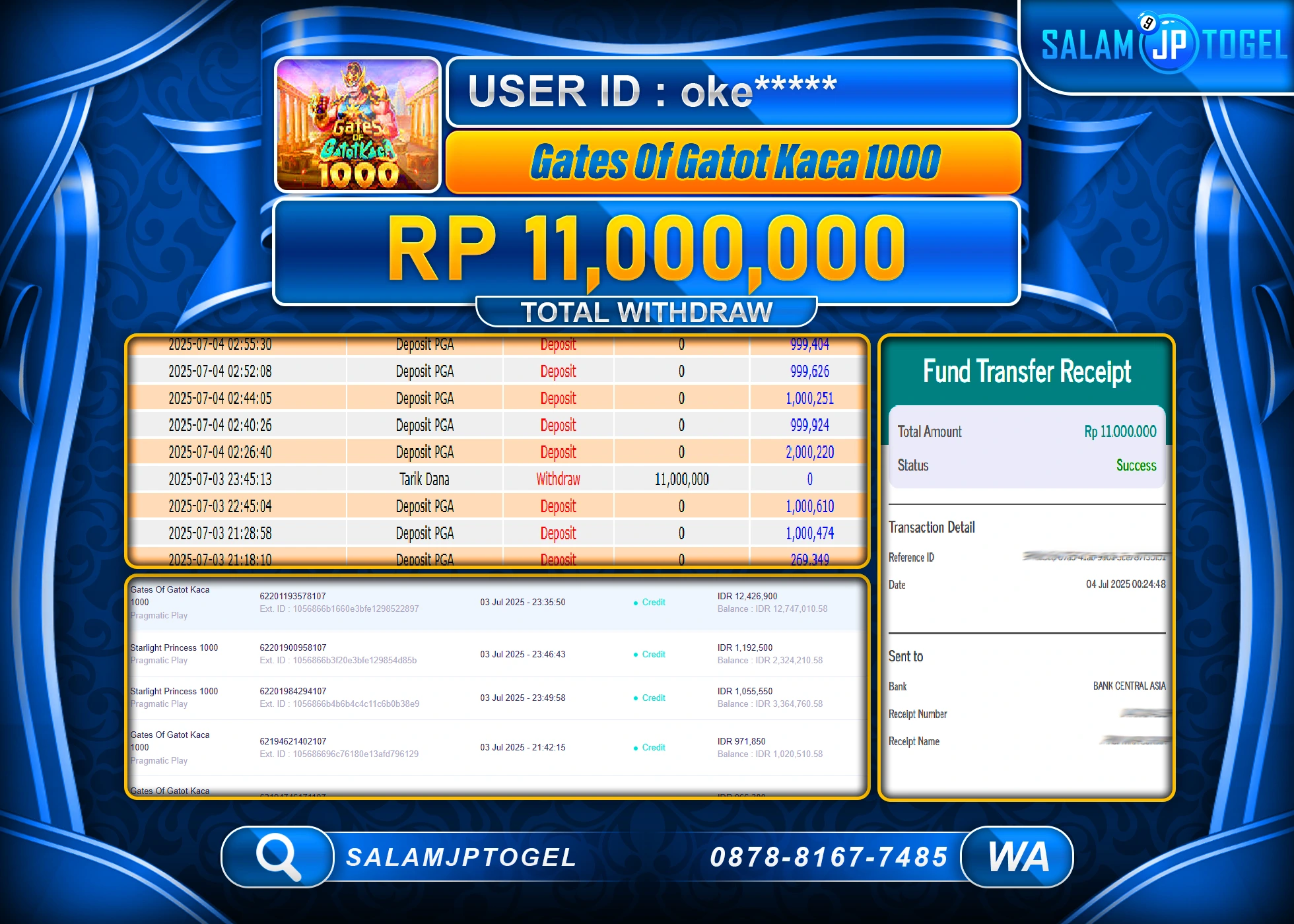 SALAMJPTOGEL MENANG GATES OF GATOT KACA 1000 Rp.11,000,000 LUNAS