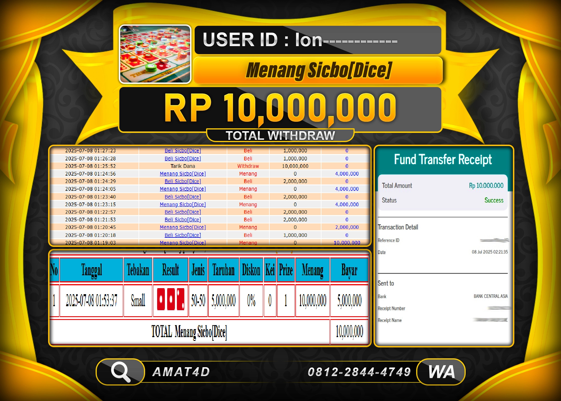 AMAT4D KEMENANGAN  DI LIVE GAMES SICBO(DICE) Rp.10.000.000 BERHASIL TERBAYAR LUNAS