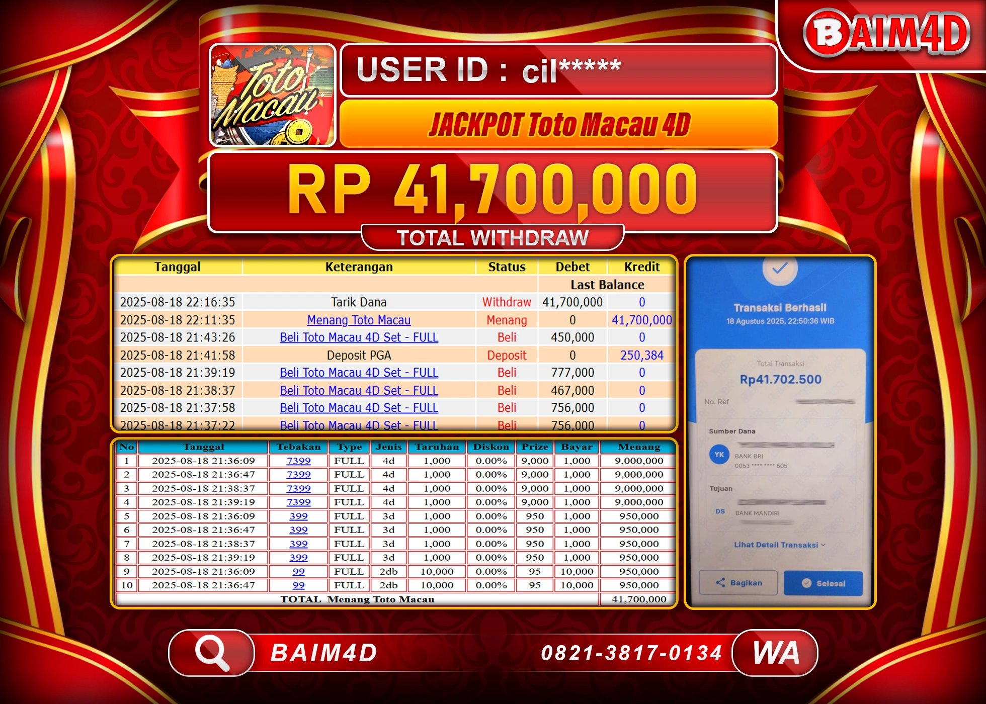 BAIM4D JACKPOT DI GAME TOTO MACAU 4D POOLS  Rp.41.700,000.- LUNAS