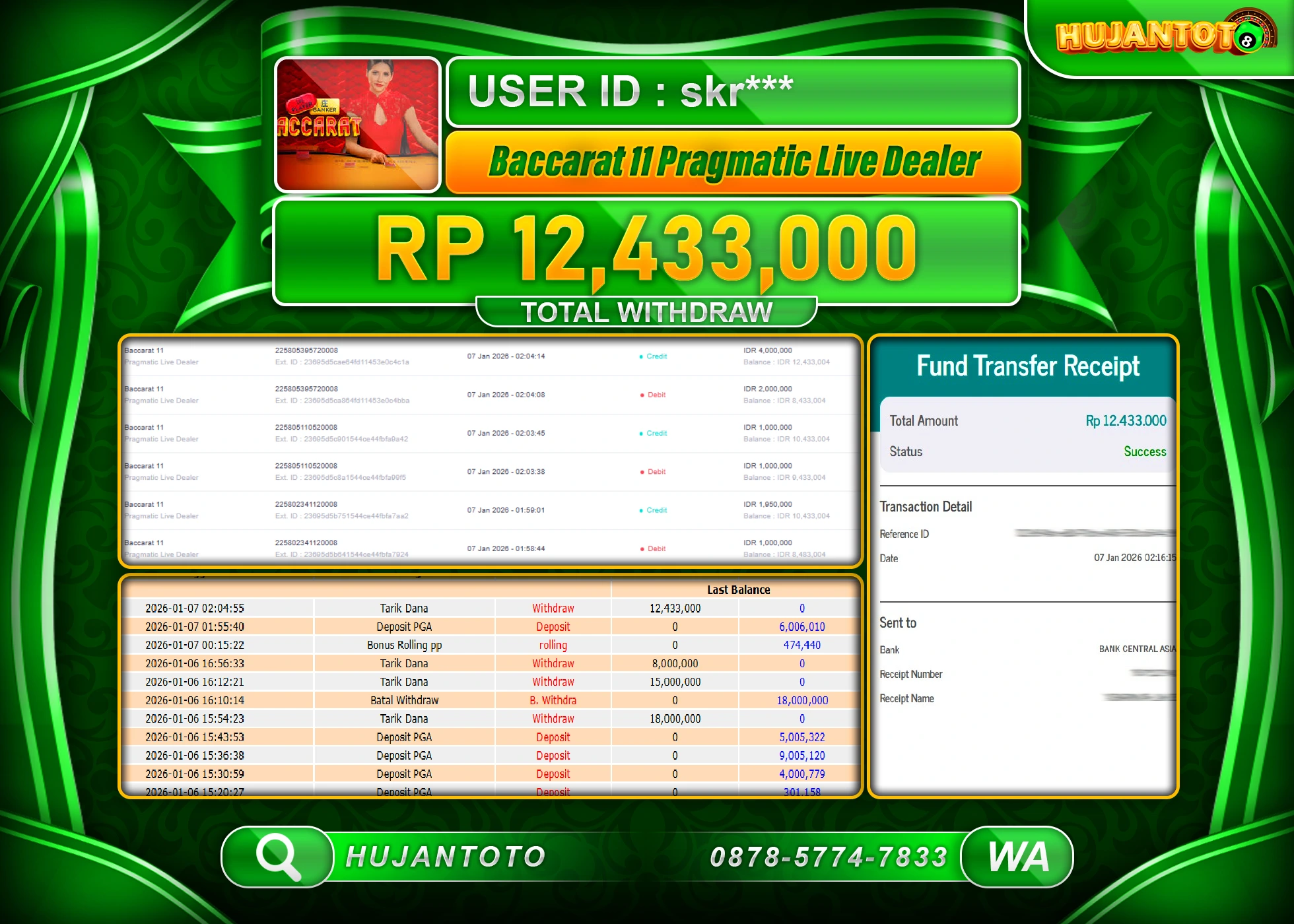 HUJANTOTO - BUKTI JACKPOT MENANG  BACCARAT 11 PRAGMATIC LIVE DEALER Rp.12,433,000 - TERBAYAR LUNAS