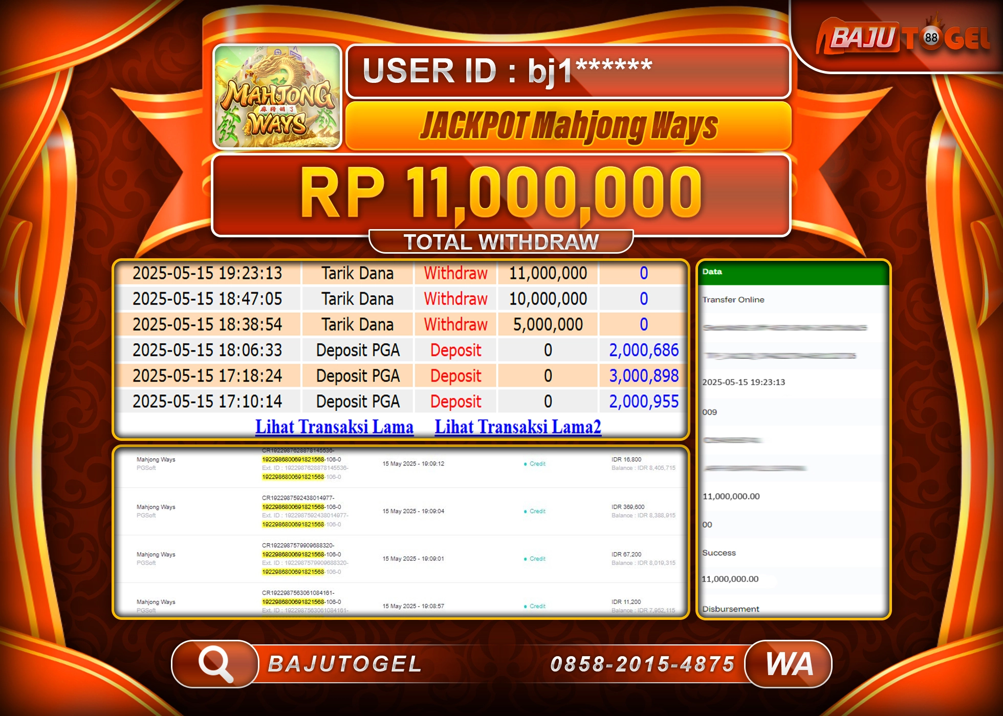 BAJUTOGEL KEMENANGAN  JACKPOT MAHJONG WAYS Rp.11.000.000 LUNAS