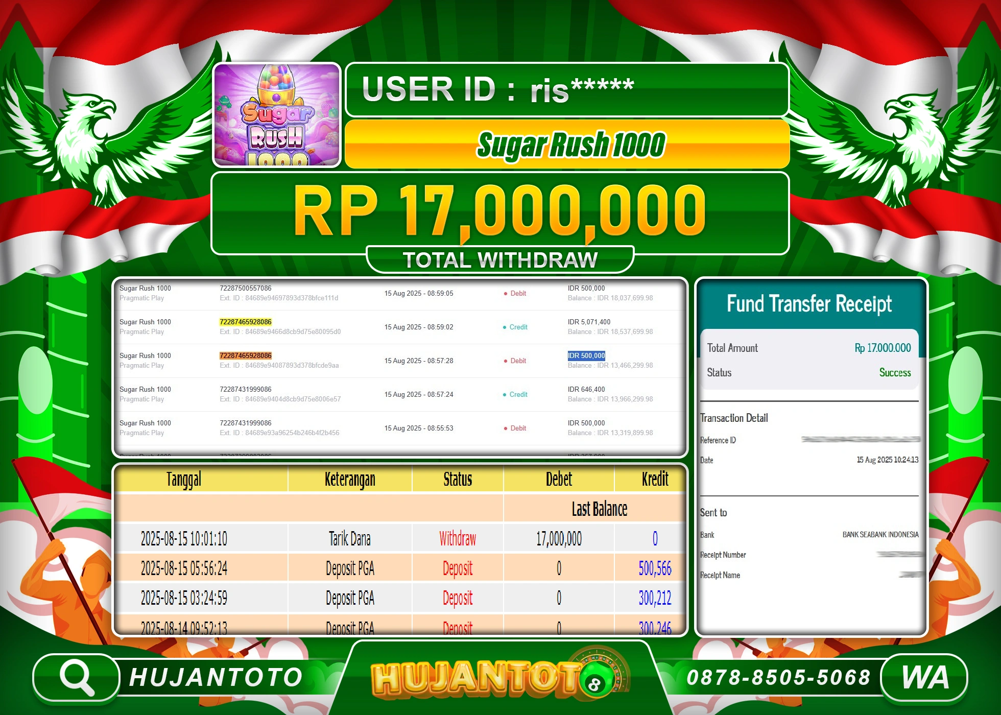 HUJANTOTO - BUKTI JACKPOT MENANG SLOT SUGAR RUSH 1000 Rp.17,000,000 - TERBAYAR LUNAS